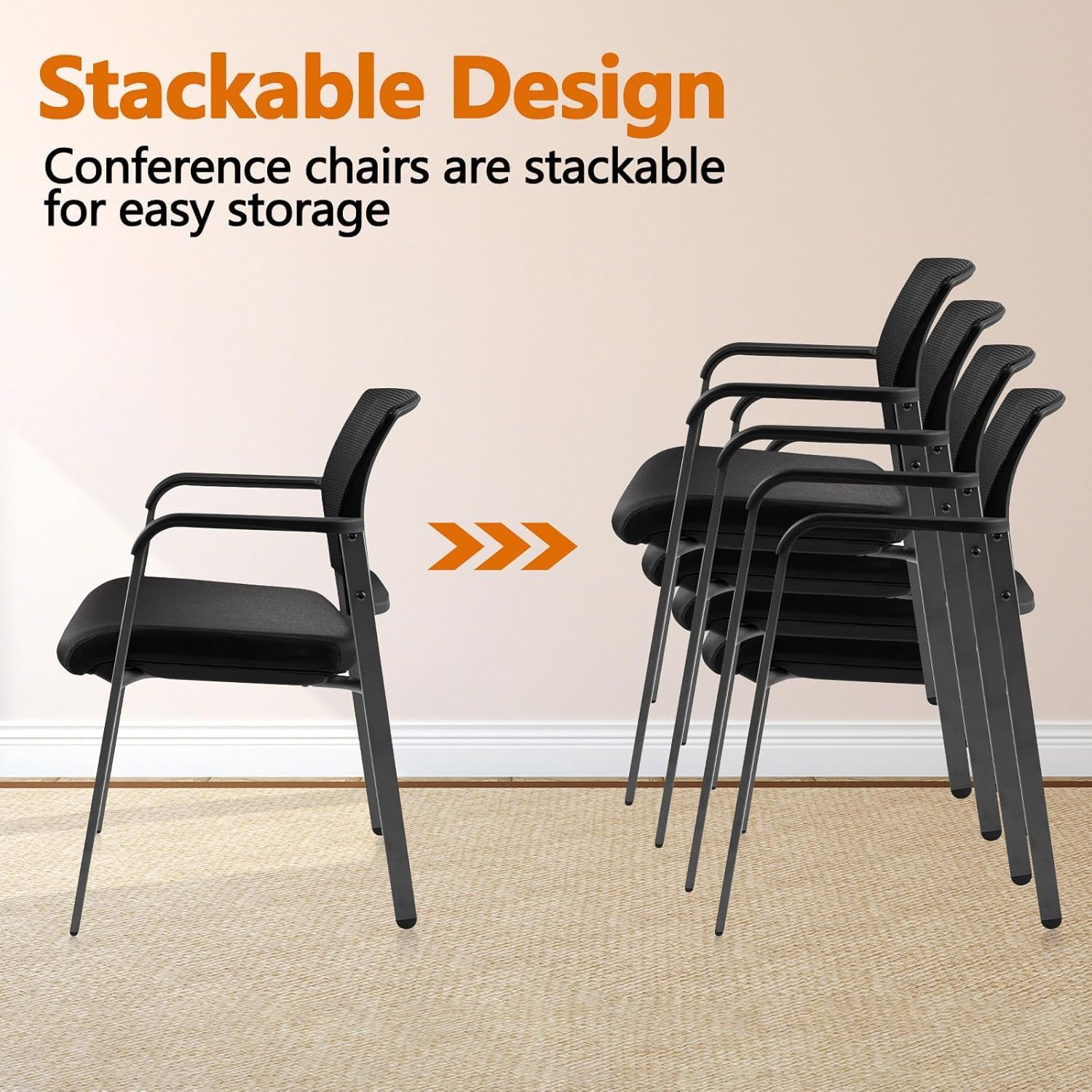 CLATINA Home Office Desk Chair No Wheels,Ergonomic Mesh Mid Back Stacking Arm Chair for Remote Learning,Small Office,Guest Chair,College Apartment (Black, 4 Pack)