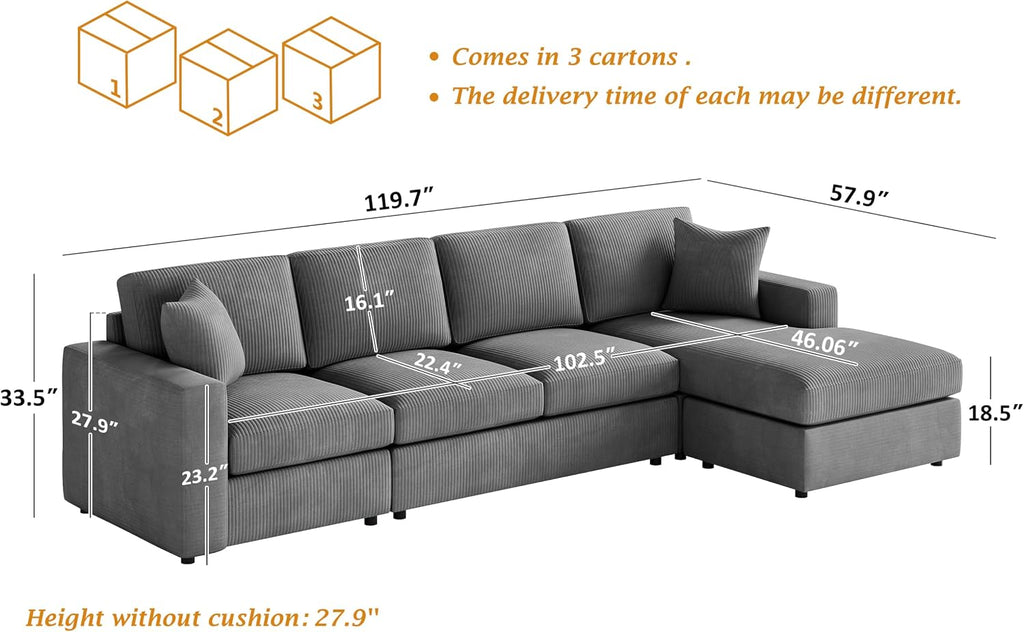 VANOMi 119" L-Shaped Sectional Sofa with Reversible Chaise, Modern Corduroy Couch with Deep Seats, 4-Seater Upholstered Sofa for Living Room or Apartment, Dark Grey