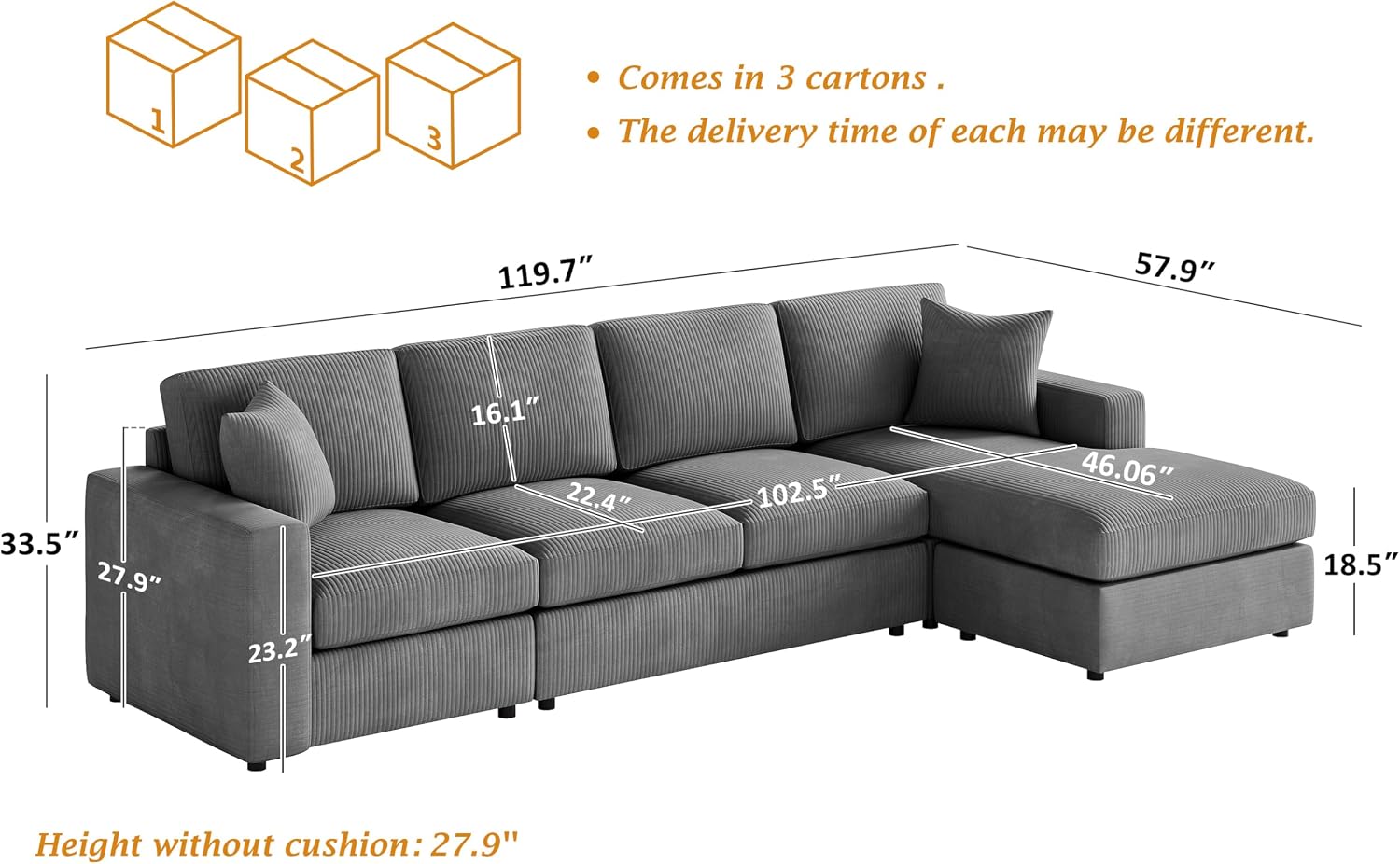 VANOMi 119" L-Shaped Sectional Sofa with Reversible Chaise, Modern Corduroy Couch with Deep Seats, 4-Seater Upholstered Sofa for Living Room or Apartment, Dark Grey