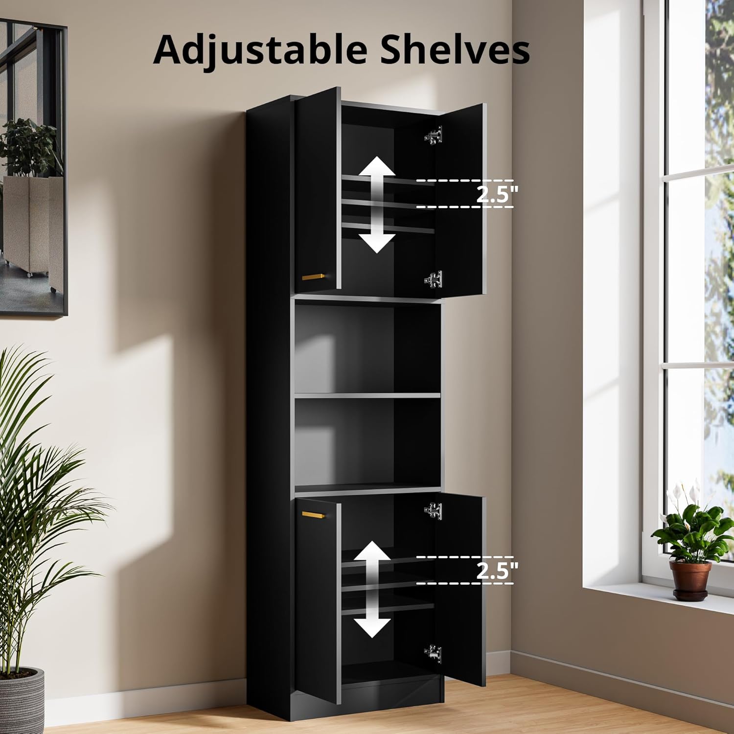 Cozy Castle Kitchen Pantry Cabinet, 75" Tall Wood Storage Cabinet with Doors and Shelves, 4 Doors Open Countertop Utility Hutch Cupboard for Dining Room Living Room Bathroom Furniture, Black