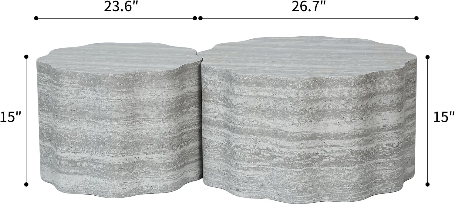 23.6''+26.7'' Set of 2 Faux Mars Pattern Round Coffee Tables, Modern Mini Side Tables Accent End Table for Apartment, Office, Living Room, (Beige Grey)