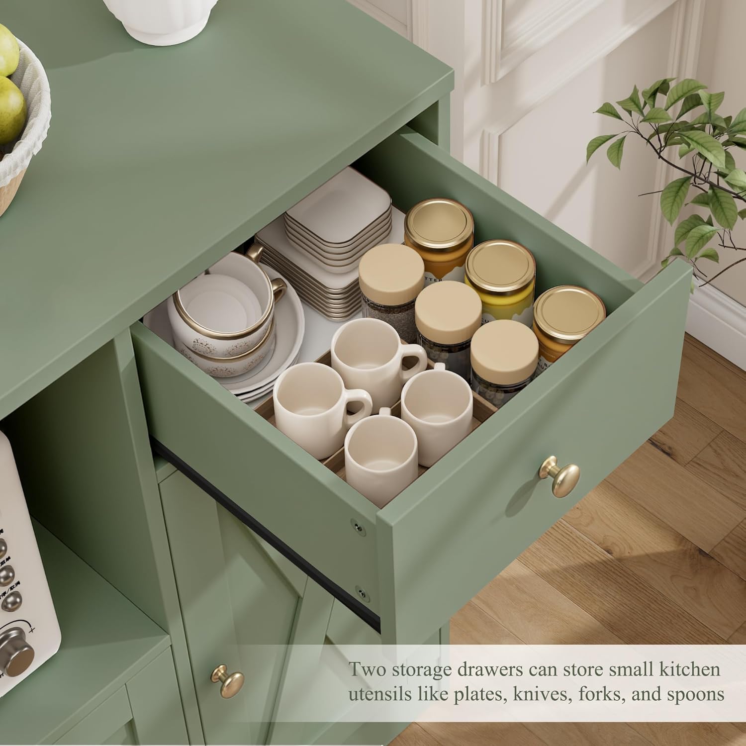 HOSTACK Microwave Cabinet with Charging Station, 47" W Kitchen Storage Cabinet with Microwave Stand, Farmhouse Buffet Sideboard with Drawers and Shelves for Kitchen, Dining Room, Green