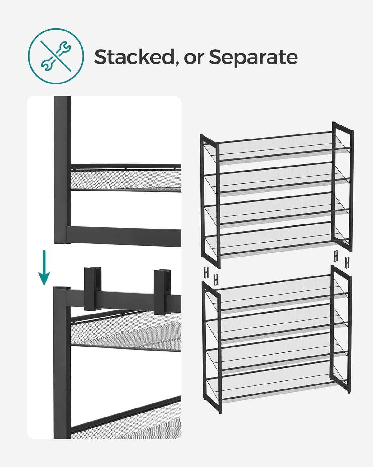 SONGMICS Shoe Rack, 8-Tier Shoe Organizer, Metal Rack for Garage, Set of 2, 4-Tier Stackable Shelf, with Adjustable Flat or Angled Shelves, 32-40 Pairs, Ink Black ULMR08B