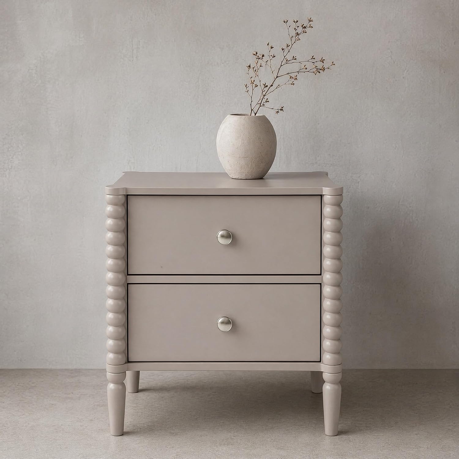 2-Drawer Nightstand, Modern Bedside Table with Silver Handles, 19.69" W × 15.75" D × 21.65" H, Kashmir MDF Cabinet with Wood Legs, End Table for Bedroom Living Room