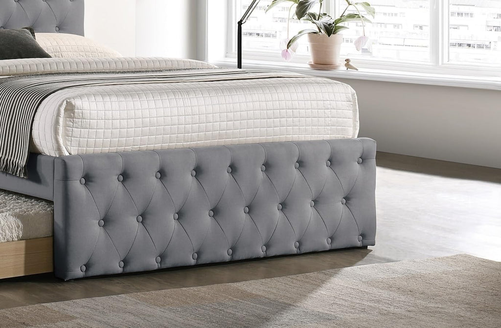 Contemporary Full Size Bed w, Trundle Slats Light Grey Burlap Upholstered Button Tufted Headboard Footboard Youth Bedroom Furniture Wooden Slats 1pc Bed