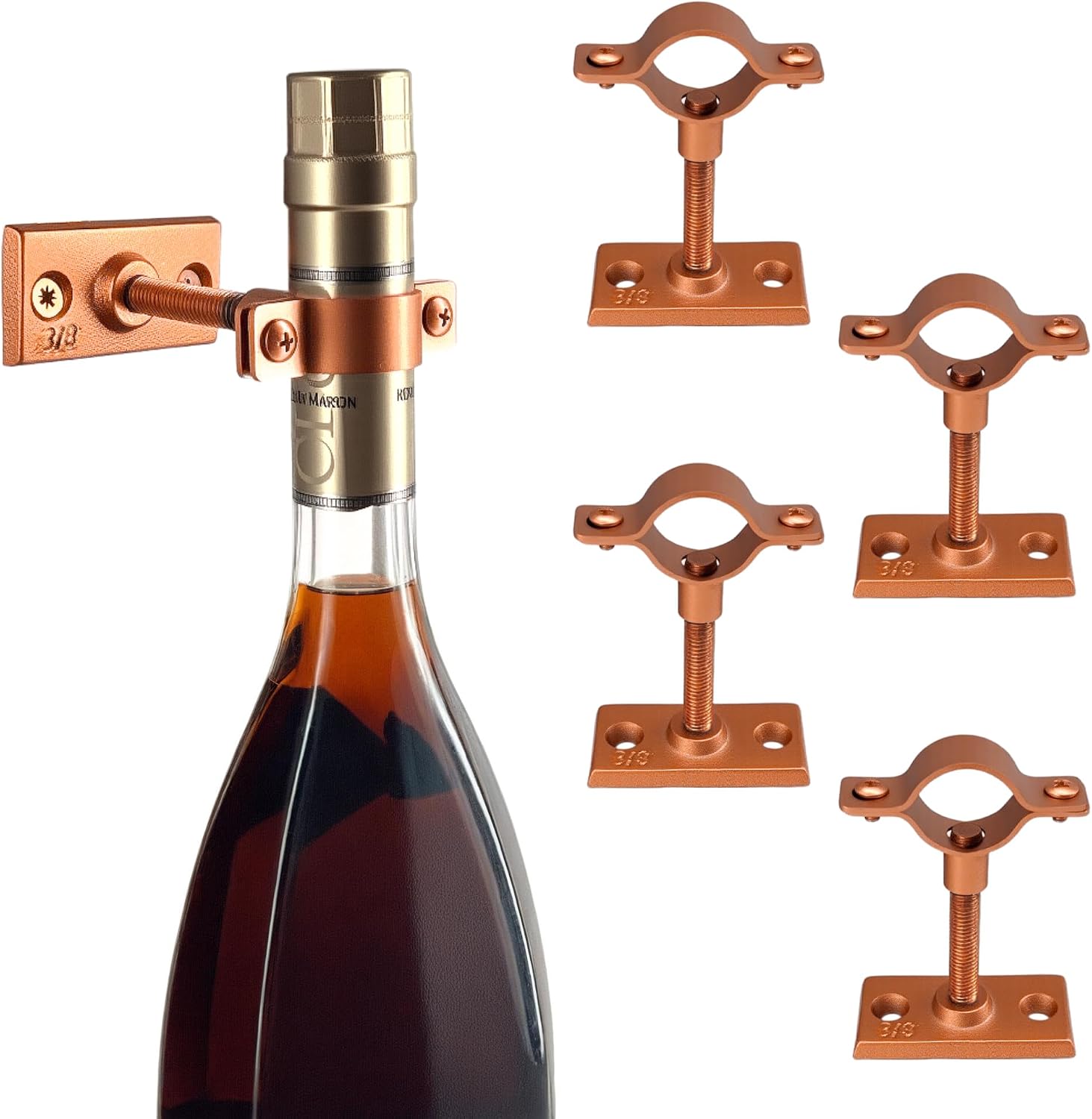 Lily's Home Bar Wall Mount Single Wine Bottle Display Holder, Set of 4, Industrial Design with Mounting Hardware, Works with Wine or Liquor Bottles, Copper Finish (4-1/2” x 1-3/8” x 2-3/4”)