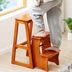 3 Step Solid Wood Folding Ladder Chair Portable Wooden Step Stool for Adults Office Home Kitchen Outdoor(Burgundy,77cm)
