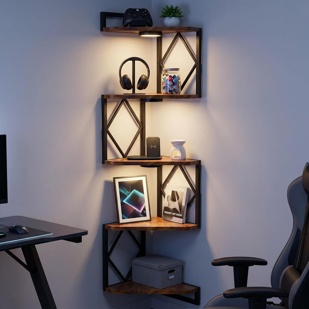 HAAYOT Corner Shelf Wall Mounted: 5-Tier Floating Shelves with Lights for Living Room, Bedroom, Home Office, Rustic Brown
