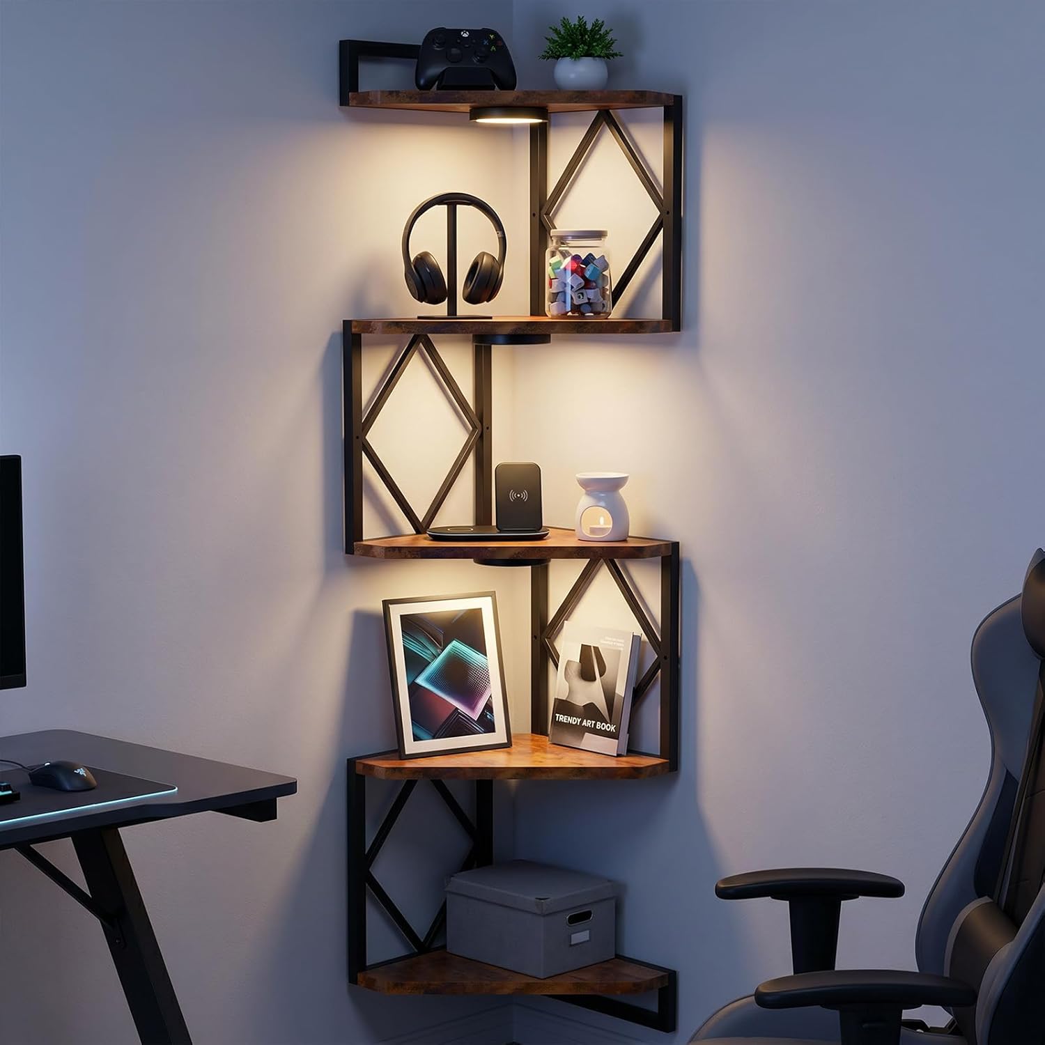 HAAYOT Corner Shelf Wall Mounted: 5-Tier Floating Shelves with Lights for Living Room, Bedroom, Home Office, Rustic Brown
