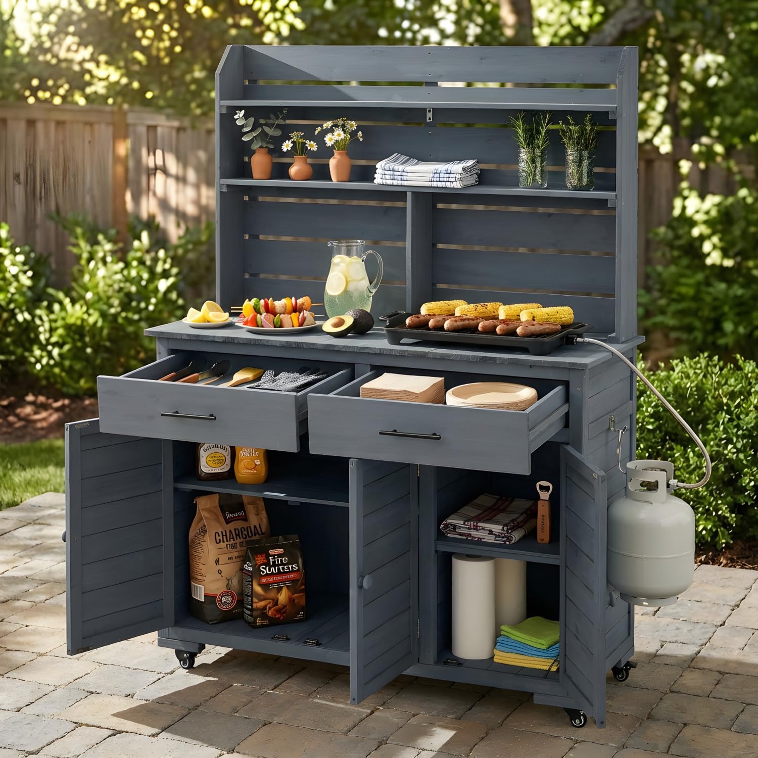 65'H Large Garden Potting Bench with Storage Cabinet, Outdoor Kitchen Island and Grill Cart
