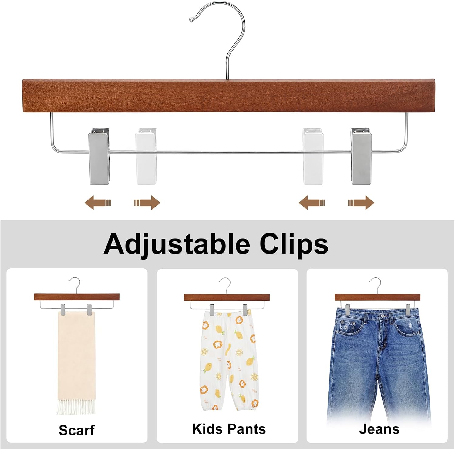 TOPIA HANGER Lotus Wood Pants Hangers, Walnut Wooden Skirt Short Jeans Trouser Hanger with Smooth Surface 360° Swivel Hook Anti Rust 2 Adjustable Clips, 10 Pack CT10PWA