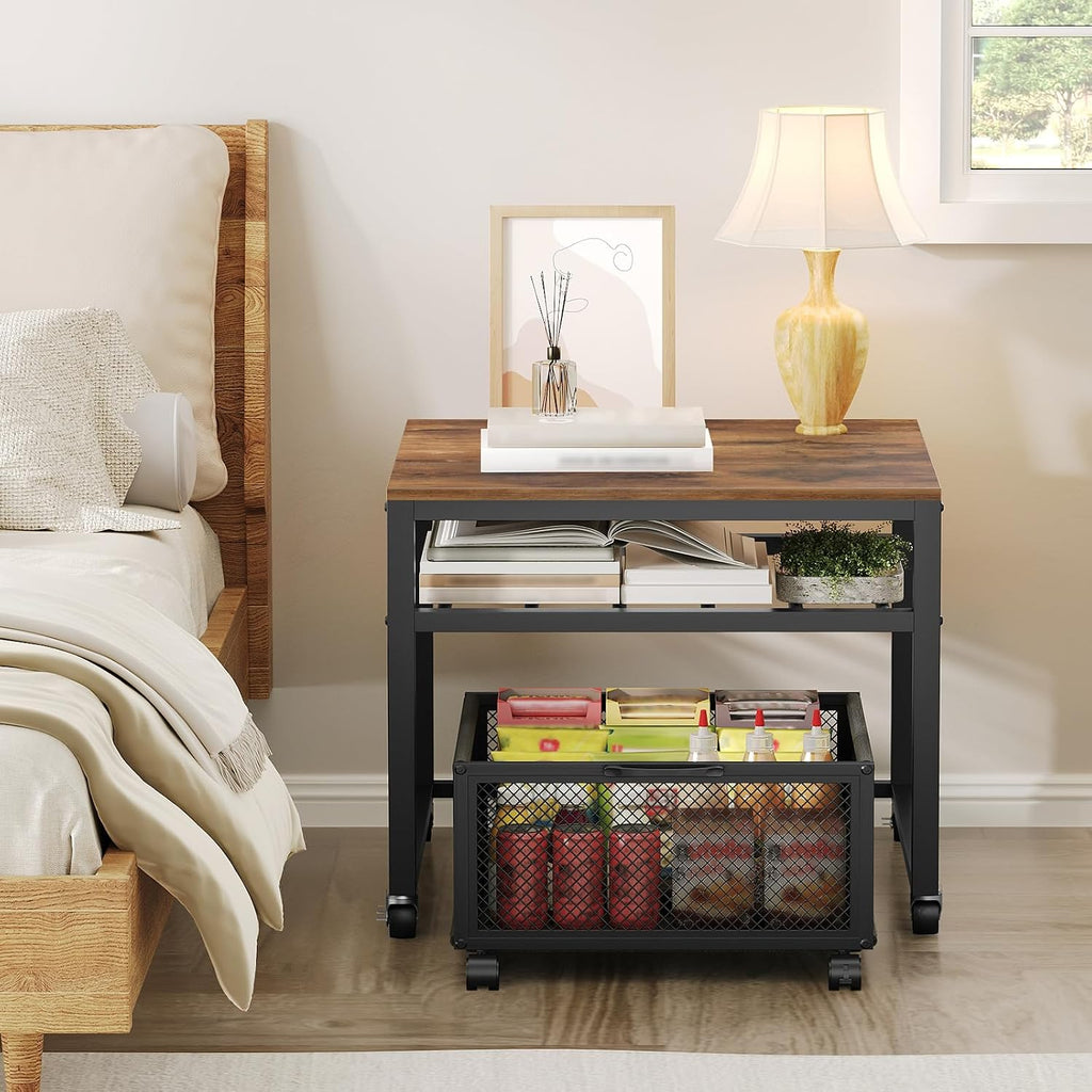 MAHANCRIS Mini Fridge Stand with Storage, Mini Fridge Cabinet with Movable Basket Cart, Mini Fridge Shelf with Wine Rack, Mobile Printer Stand, Mini Fridge Table, Rustic Brown and Black RSHR5101