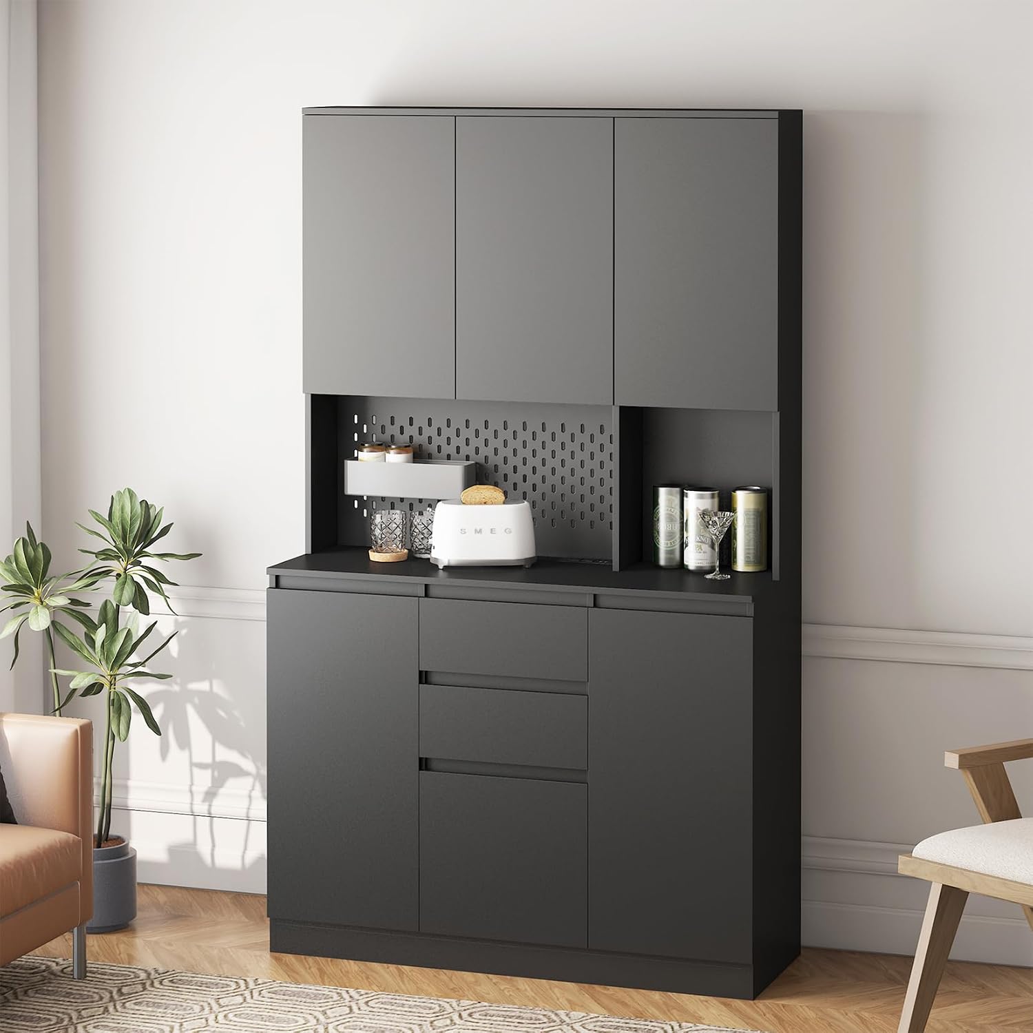 74’’ Farmhouse Kitchen Pantry Cabinet, Tall Kitchen Storage Cabinet with Power Outlet and Microwave Stand, Freestanding Kitchen Hutch Cabinet with 2 Drawers, 6 Doors for Kitchen Living Room, Black