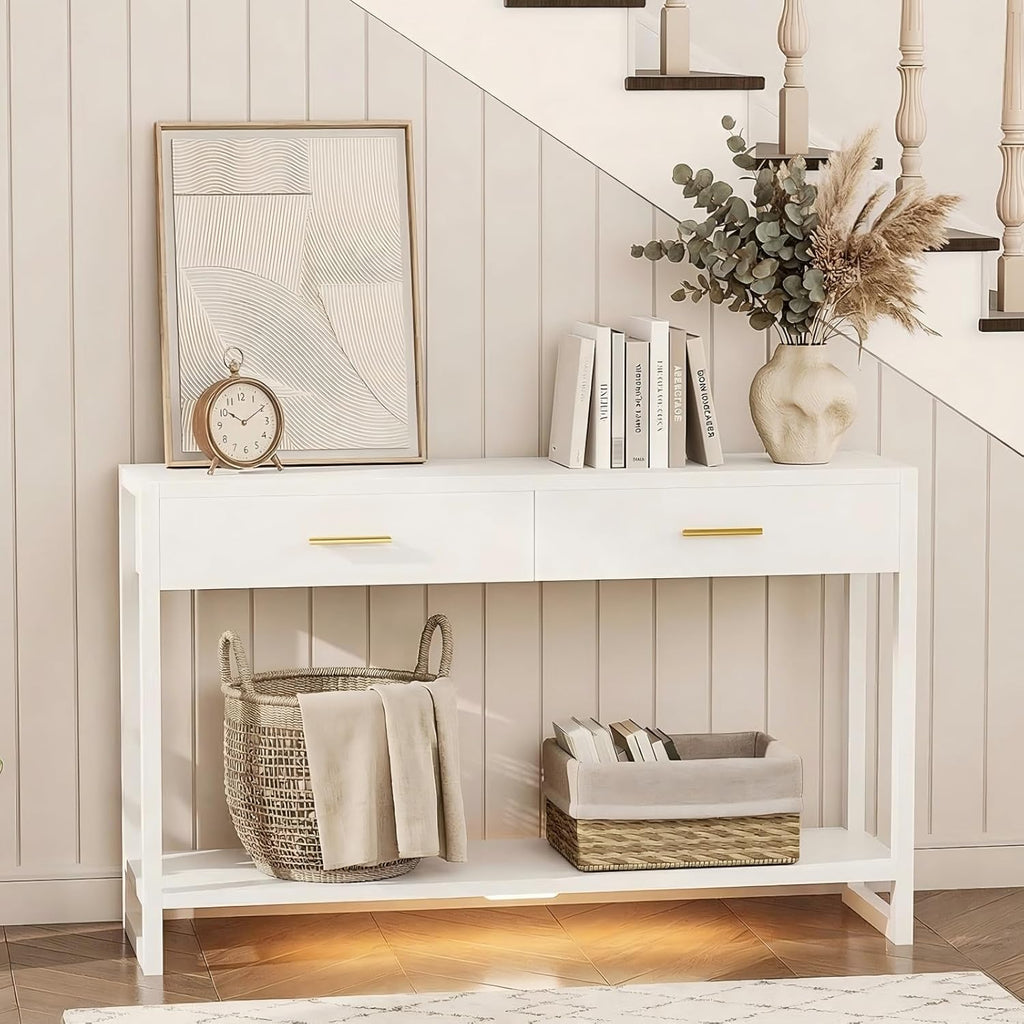 Slim Entryway Console Table with Foot-Sensor Light - 2 Deep Drawers & Open Center Shelf, Reinforced Legs & Comfortable Metal Handles, Multi-Scene Use for Hallway/Living Room/Small Apartment