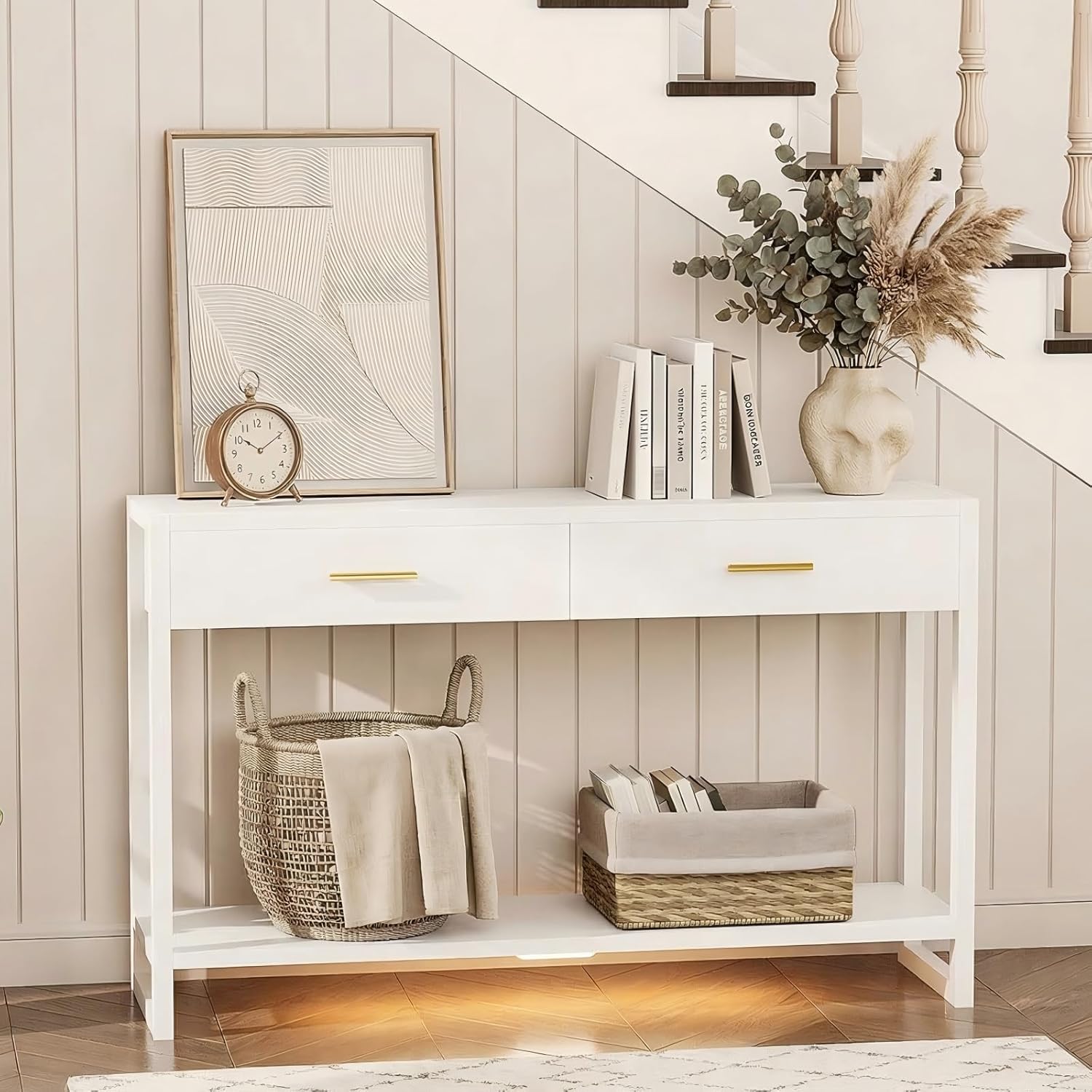 Slim Entryway Console Table with Foot-Sensor Light - 2 Deep Drawers & Open Center Shelf, Reinforced Legs & Comfortable Metal Handles, Multi-Scene Use for Hallway/Living Room/Small Apartment