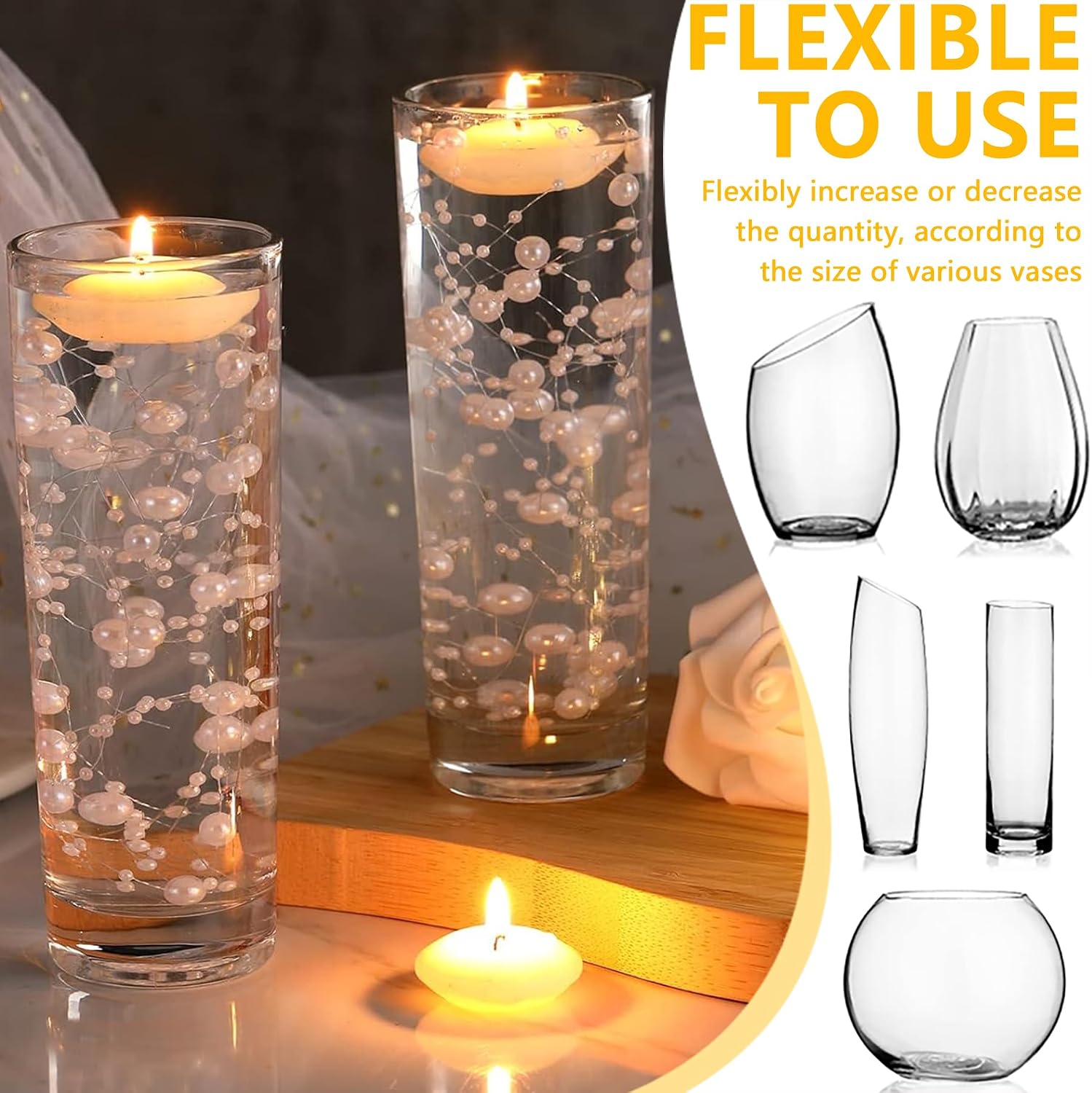 50 PCS Artificial Floating Beads for Centerpieces Vases, Black Gold 8+3mm String Beads for Wedding Party Faux Pearl String for Decorating, String Pearls for Crafts Vase Filler