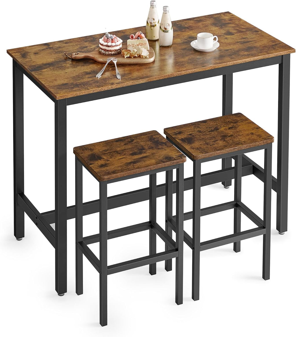 VASAGLE Bar Table and Chairs Set, Rectangular Table with 2 Stools, Dining Pub Set for 2, Space Saving for Kitchen Breakfast, Living Room, Party Room, Rustic Brown and Black ULBT15X