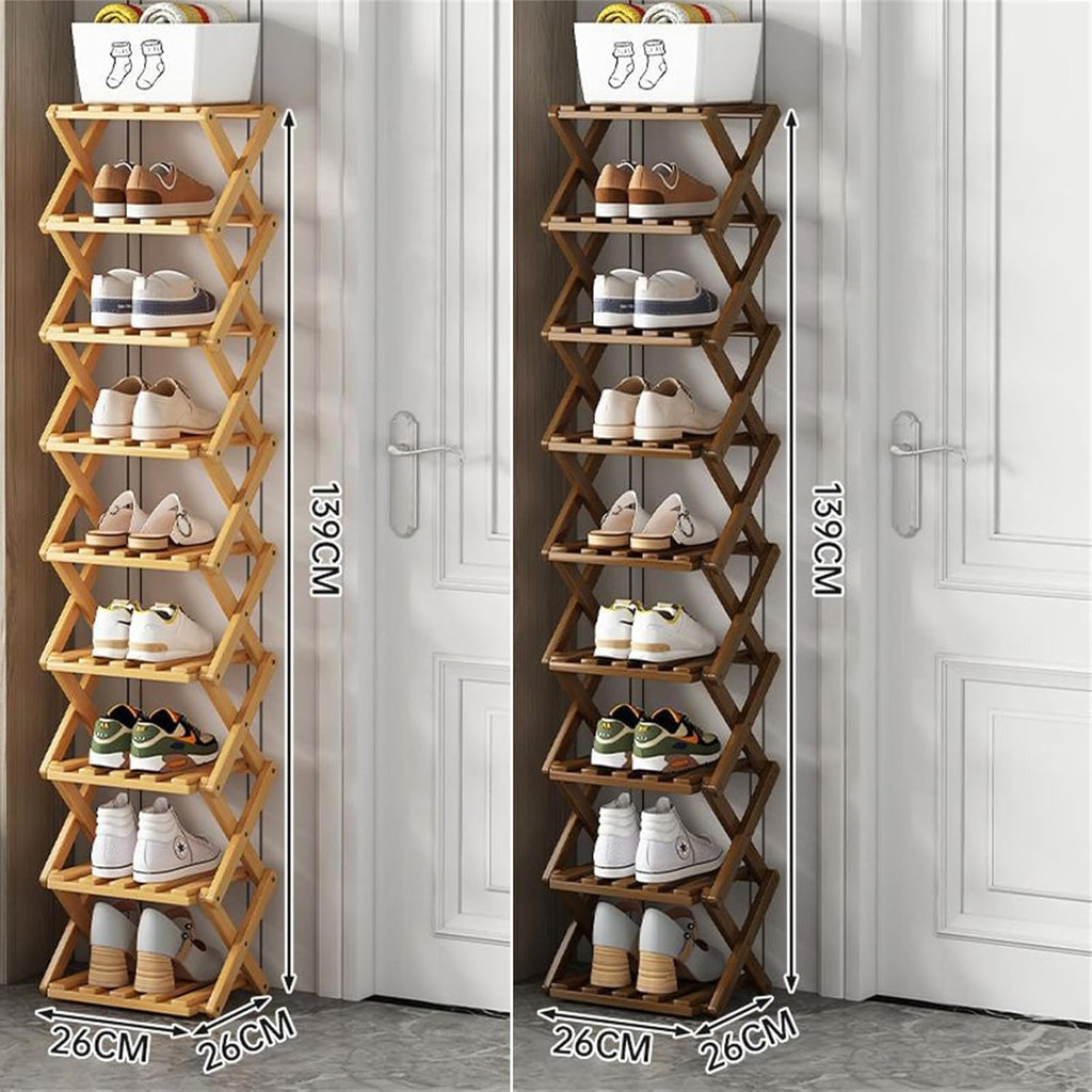 9 Tier Bamboo Shoe Rack, The 9-Tier No-Assembly Bamboo Rack, Foldable Bamboo Shoe Rack, Foldable Vertical Organizer, Vertical Shoe Organizer for Small Spaces (Nature)