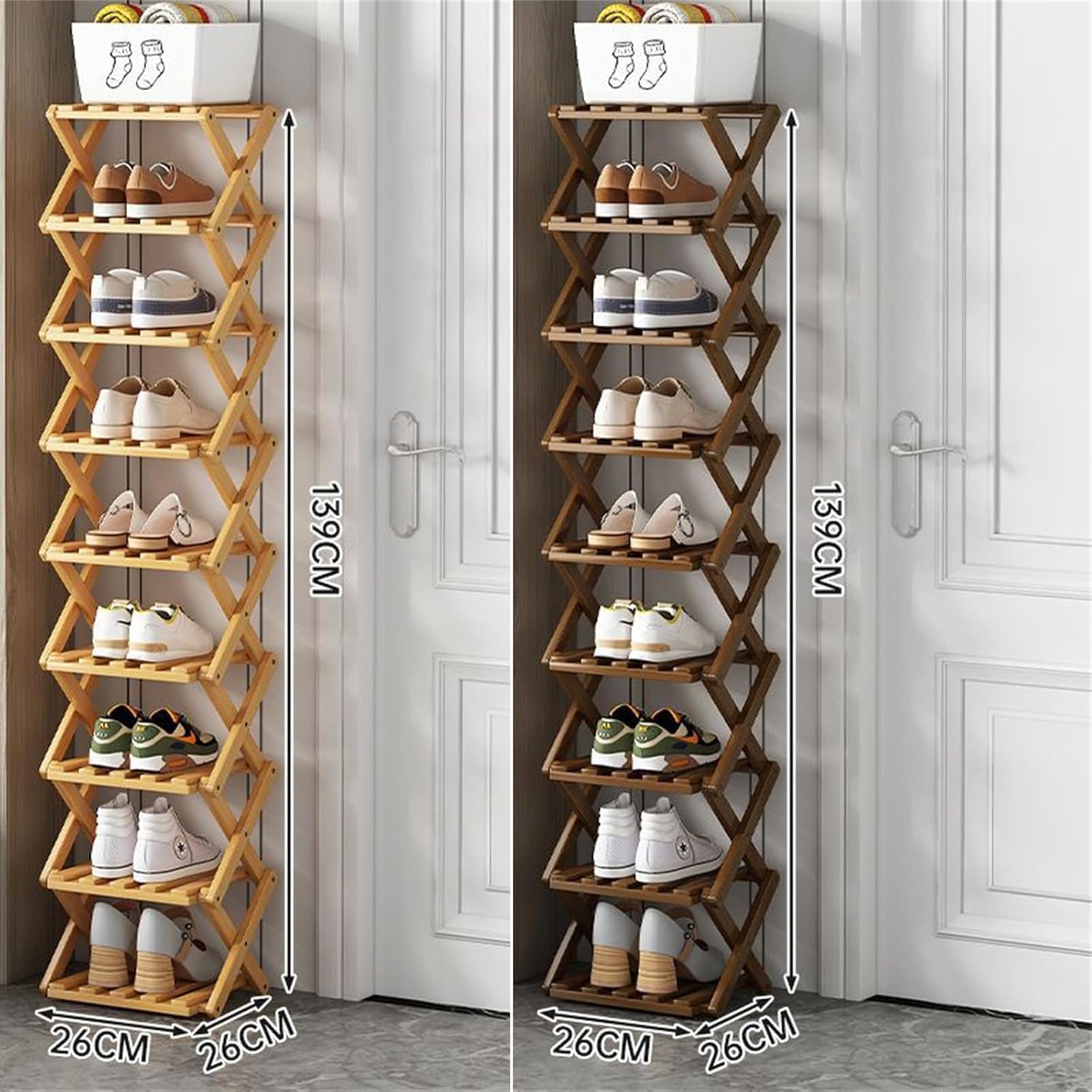 9 Tier Bamboo Shoe Rack, The 9-Tier No-Assembly Bamboo Rack, Foldable Bamboo Shoe Rack, Foldable Vertical Organizer, Vertical Shoe Organizer for Small Spaces (Nature)