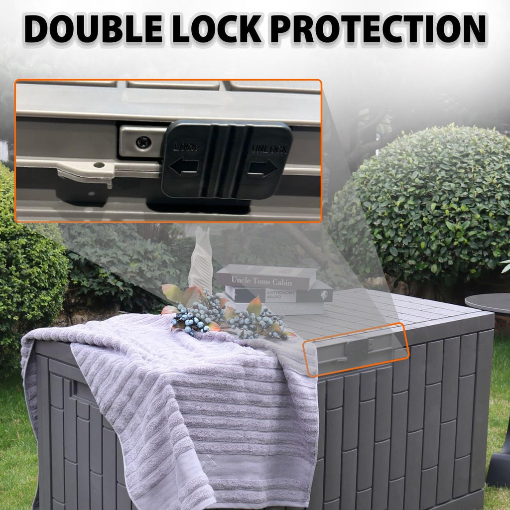 Durable Outdoor Storage Container, All-Weather Patio Storage Bench, Fine Rain Dust Resistance, Safety Lock Design, Assembly Without Tool, Space Saving Structure for Yard Daily Use 804E