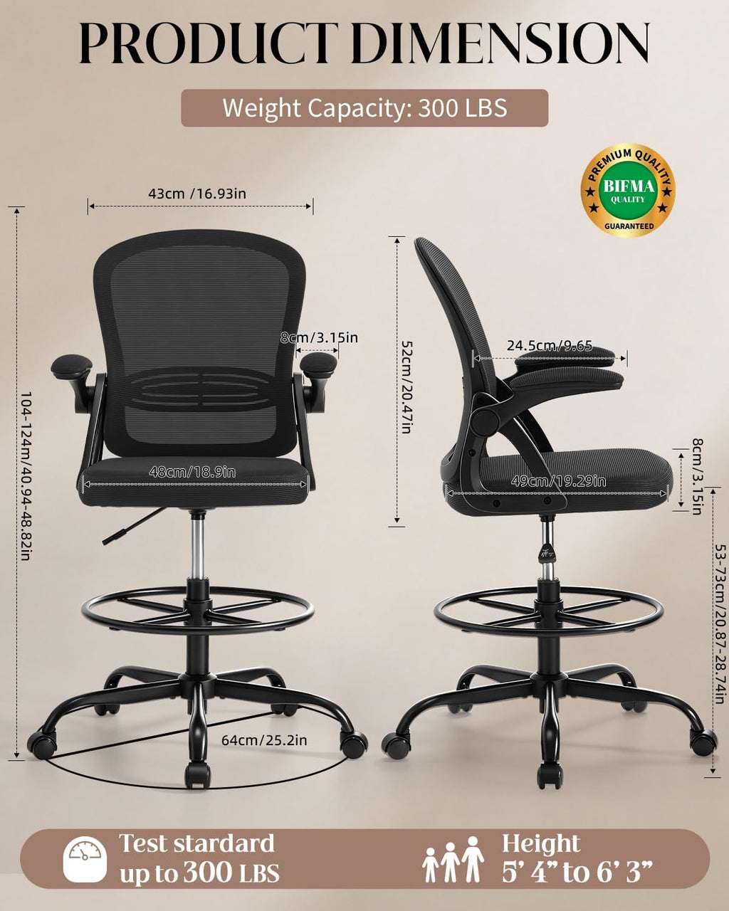 Drafting Chair with Tall Office Chair for Standing Desk | Flip-up Armrests, Adjustable Lumbar Support, Height‑Adjustable Footrest Ring & Seat, Ergonomic Tall Desk Chair