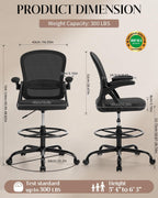 Drafting Chair with Tall Office Chair for Standing Desk | Flip-up Armrests, Adjustable Lumbar Support, Height‑Adjustable Footrest Ring & Seat, Ergonomic Tall Desk Chair