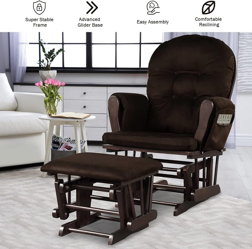 Solid Wood Construction, Incredibly Smooth Quiet Gliding, Soft Skin-Friendly Fabric, Baby Nursery Relax Rocker Rocking Chair Glider and Ottoman Set Super Soft Cushion, Extra Storage Pocket, Brown