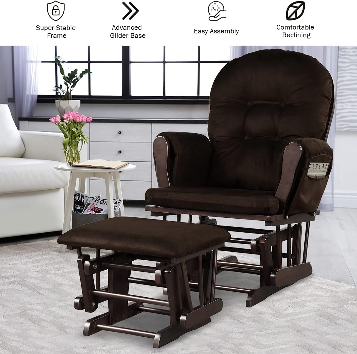 Solid Wood Construction, Incredibly Smooth Quiet Gliding, Soft Skin-Friendly Fabric, Baby Nursery Relax Rocker Rocking Chair Glider and Ottoman Set Super Soft Cushion, Extra Storage Pocket, Brown