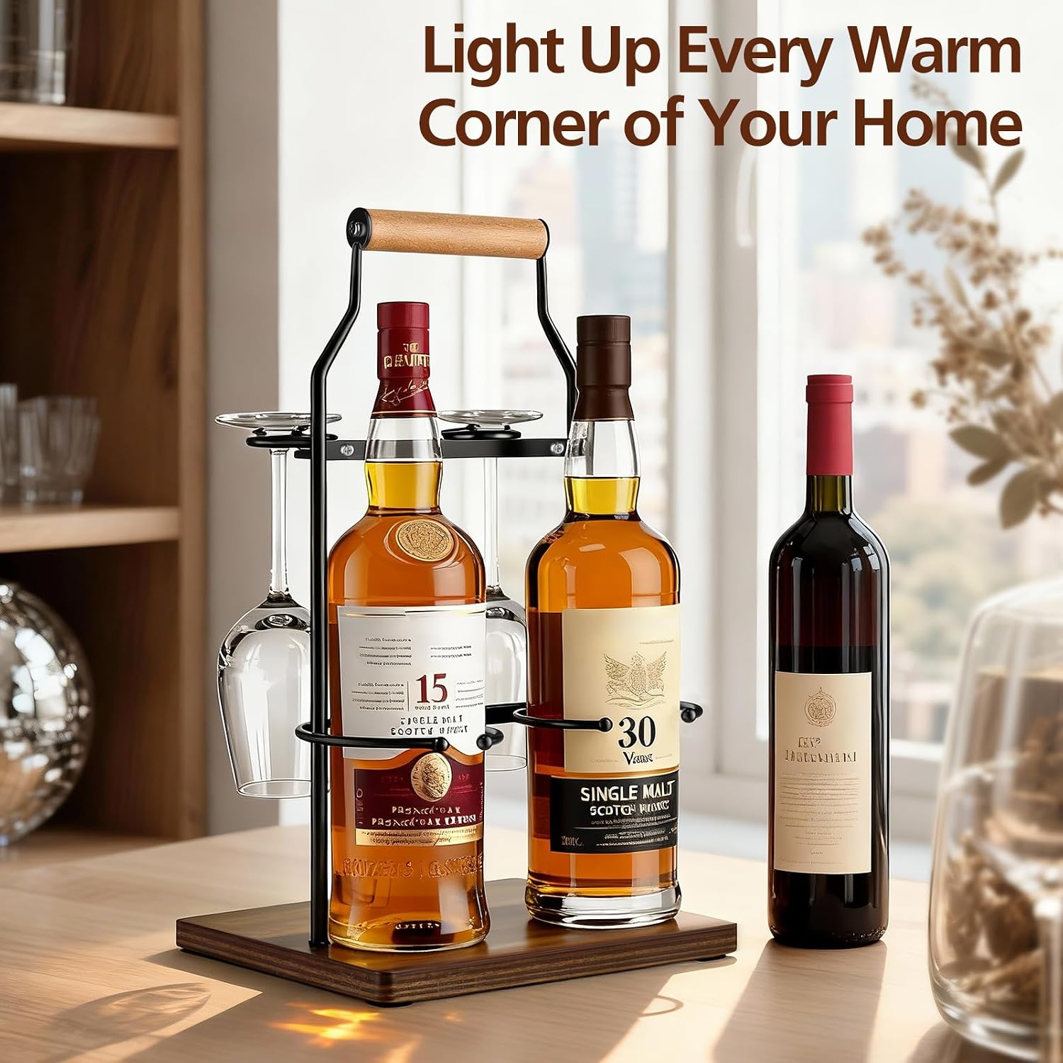 Desktop Wine Rack, 2-Bottle Holder with Dual Glass Holder, Wine Storage Racks, Suitable for Various Home Decor Styles, Ideal for Home, Bar, Couple Gathering, Wine Cabinet, and Dining Room, Black