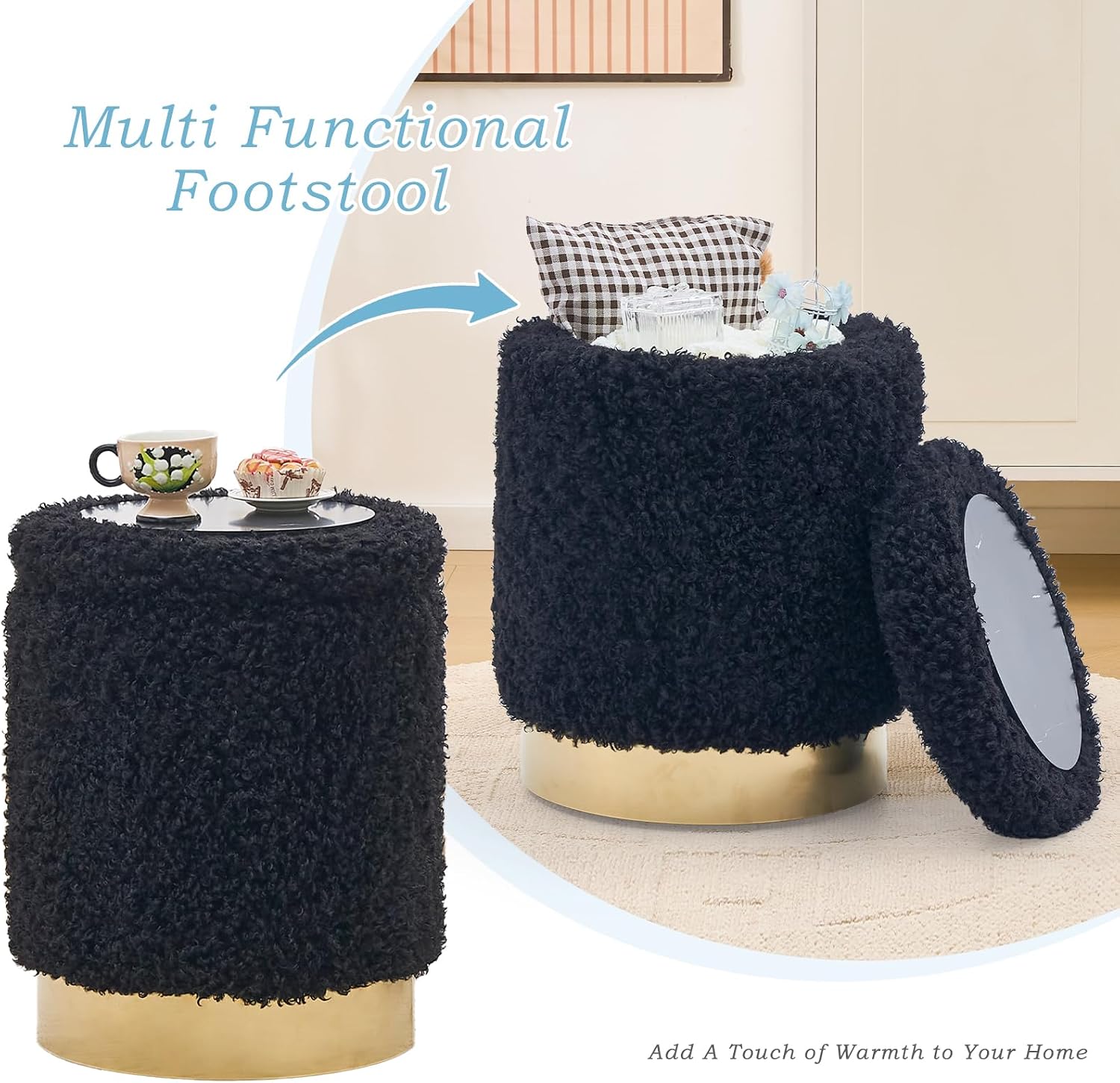 Storage Ottoman,Metal Base Vanity Stool Chair,Modern Round Footstool with Soft Padded Seat,Multipurpose Sofa Table or Plant Stand for Hallway,Living Room and Lounge (Black-Long Wool)