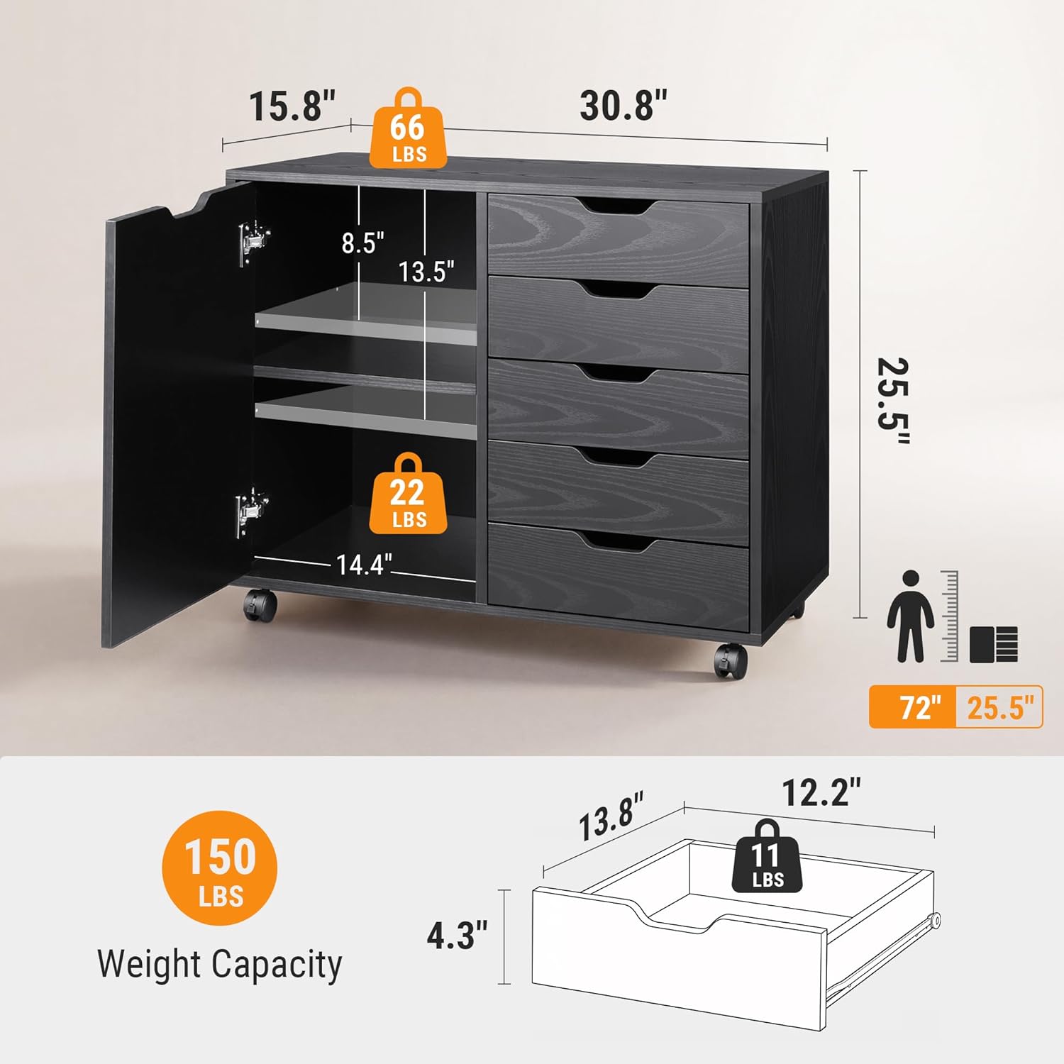 DEVAISE Mobile File Cabinet, 5-Drawer Wood Storage Chest with Door, Printer Stand for Home Office, Black