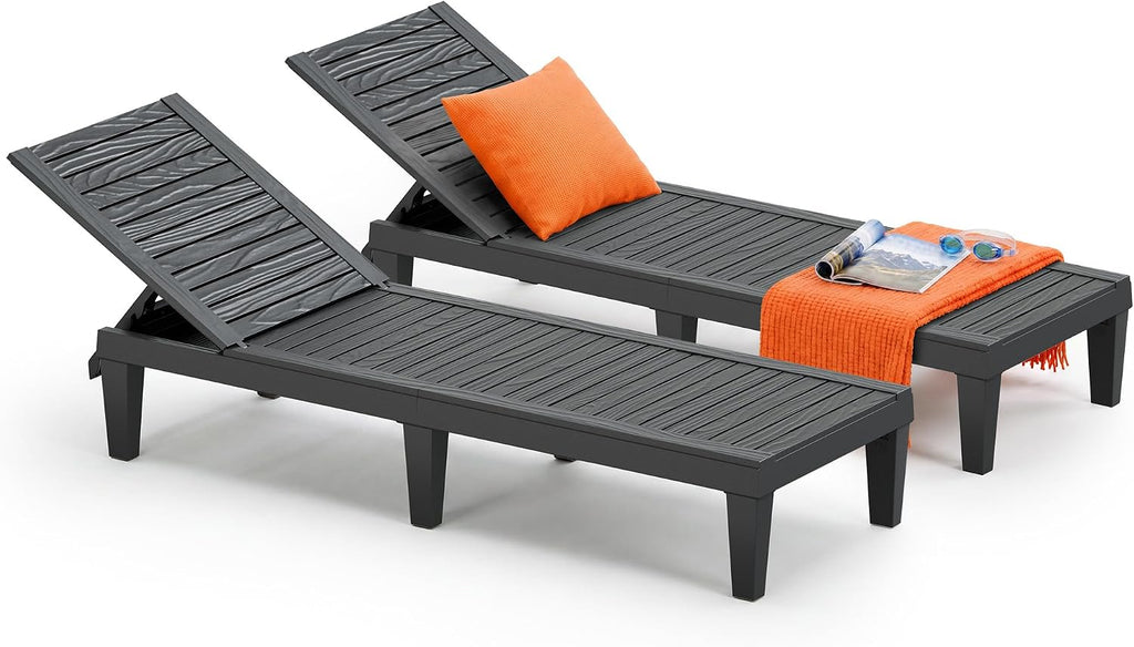 Patio Lounge Chairs Outdoor, Patio Chaise Lounges with Adjustable 5-Position Recliner and Full Flat Tanning Chair for Patio, Beach, Pool, Backyard (Striped Black, Set of 2)