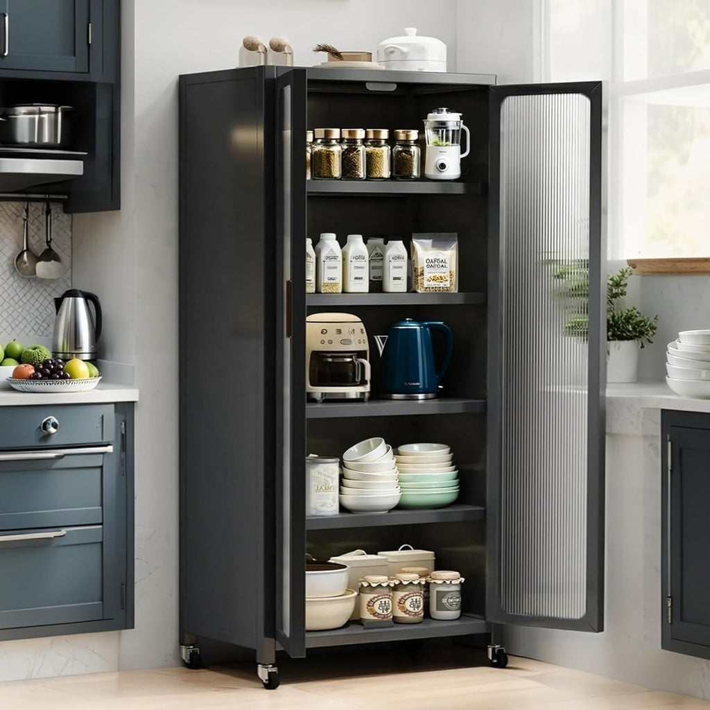 65" Kitchen Pantry Cabinet with Wheels & Adjustable Shelves, 6-Tier Metal Storage Cabinet with Transparent Doors for Kitchen, Dining Room, Living Room(Gray)