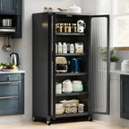 Freestanding Kitchen Pantry with 4 Shelves, Double Door with Gold Door Handle, Rectangular Metal Storage Cabinet, Modern Minimalist, for Living Room, Dining Room, Gray