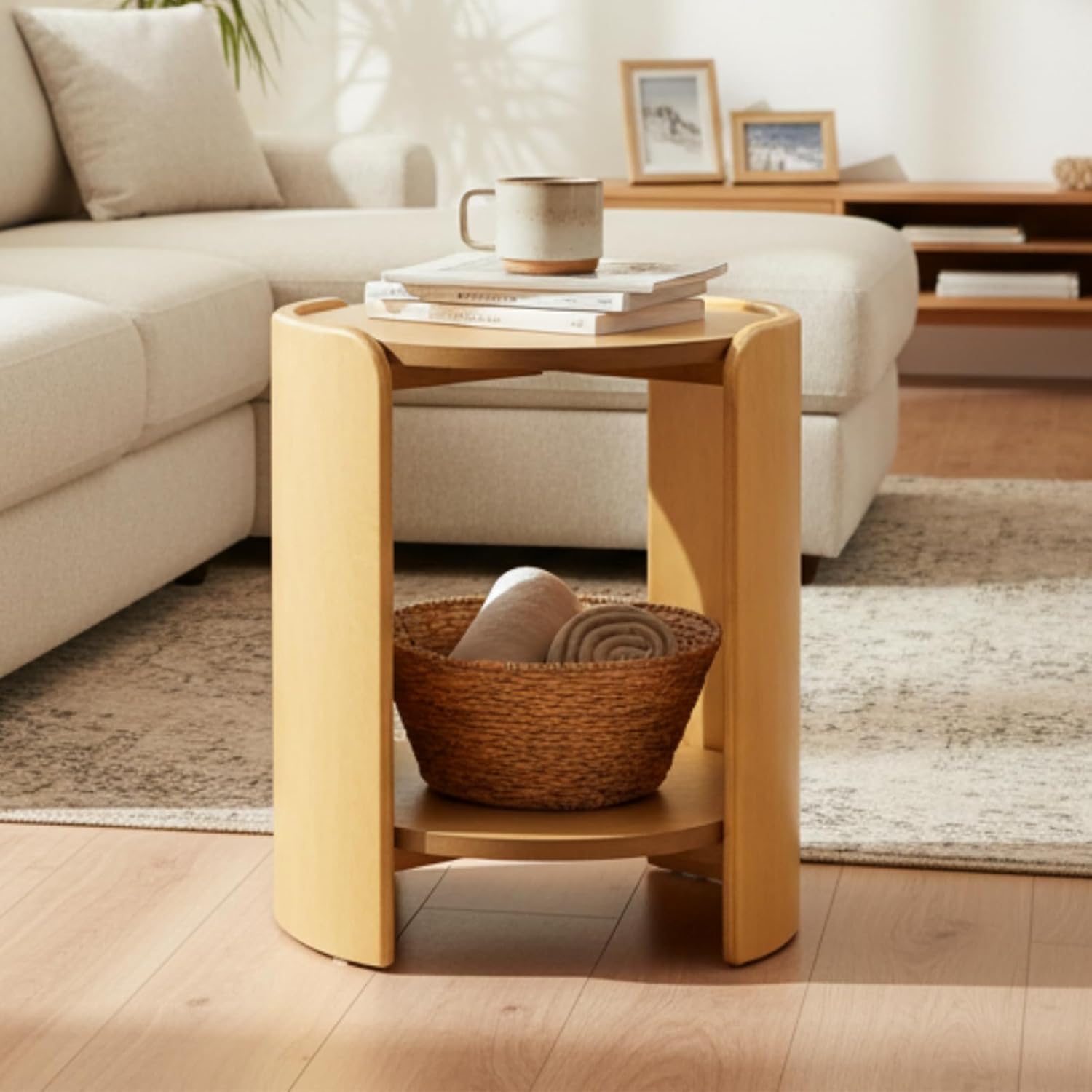 DUOMAY Wood Side Table, 15.5" Wide Round End Table with Storage Shelf Mid Century Modern Bedside Table for Living Room Apartment, Natural Oak Color