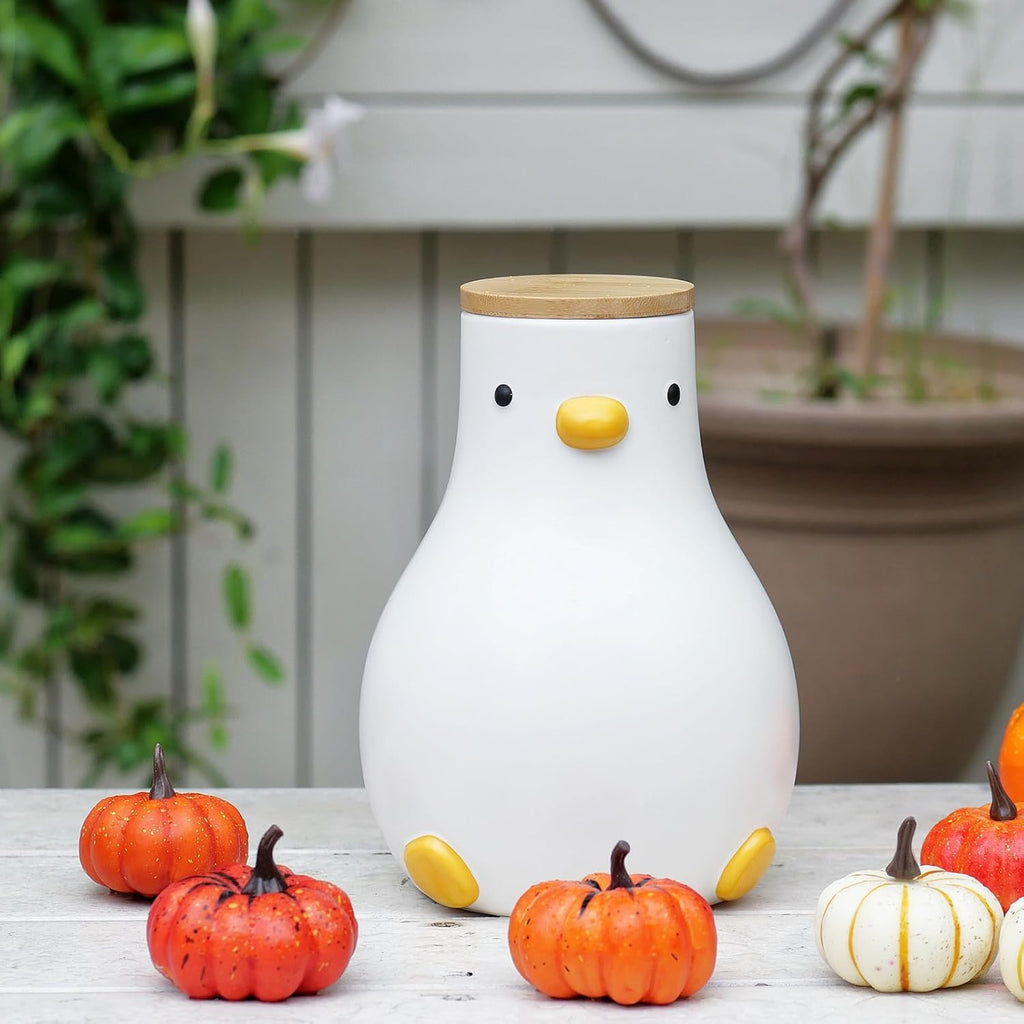 PURROOM Cute Duck 8" Vase, 58 oz Storage Canisters Jar with Wooden Lid for Kitchen Counter Decor, White Ceramic Modern Flower Vase for Home Office Shelf Decoration.