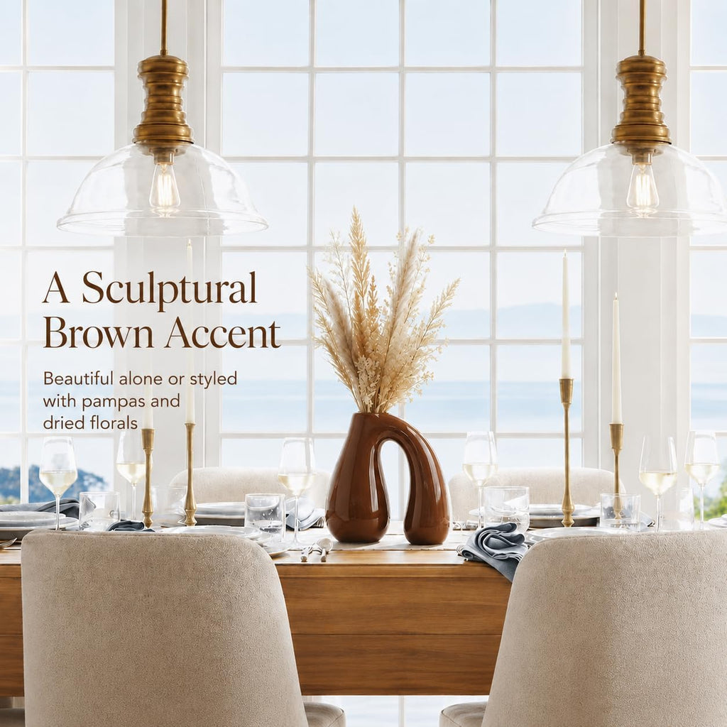 Brown Ceramic Vase for Pampas, Boho Shelf & Table Decor | Holds Dried Stems and Faux Florals - Sculptural Accent for Mantel, Console and Entryway