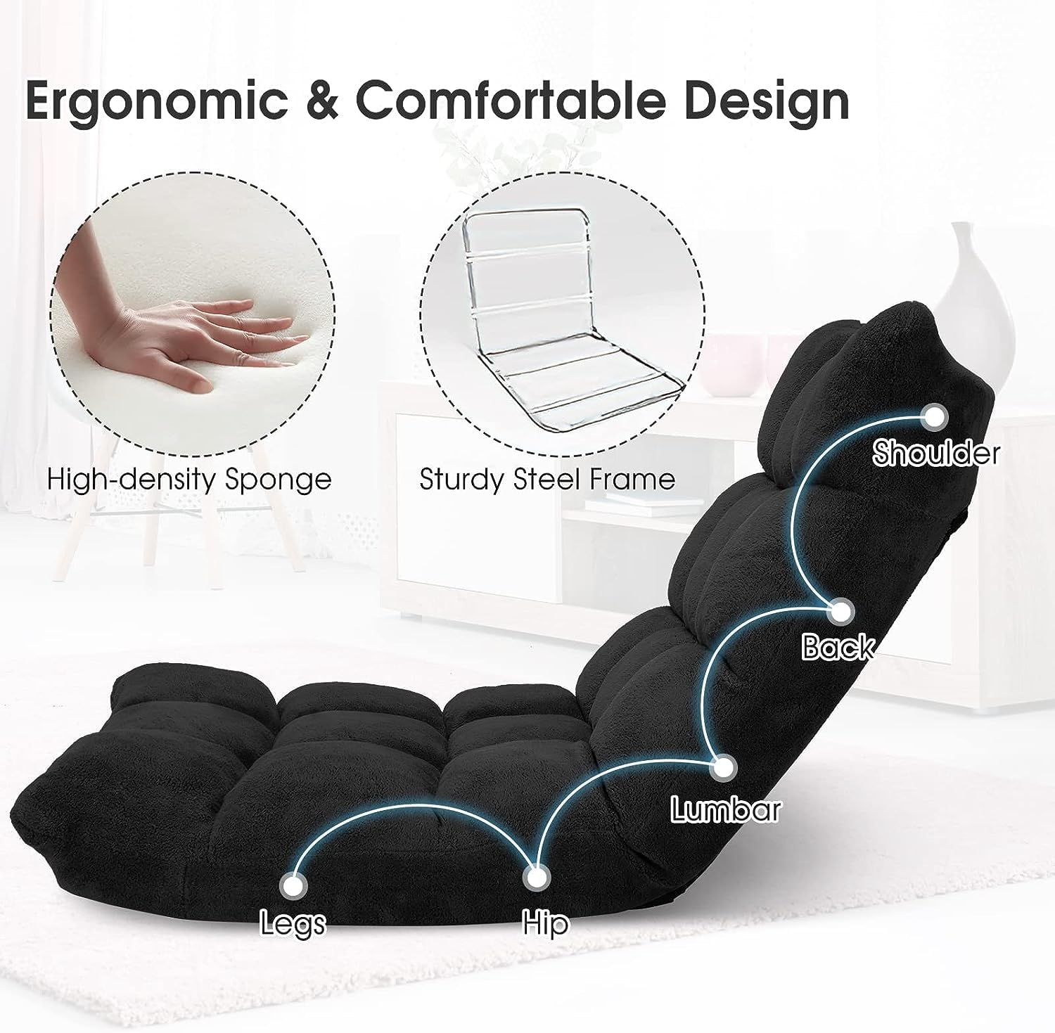 BANGTANE 14-Position Floor Chair, Adjustable Folding Gaming Chair Lazy Sofa w/Cushion, Meditation Chair with Back Support, Folding Floor Couch for Reading Bedroom, Living Room for Adults Kids (Black)