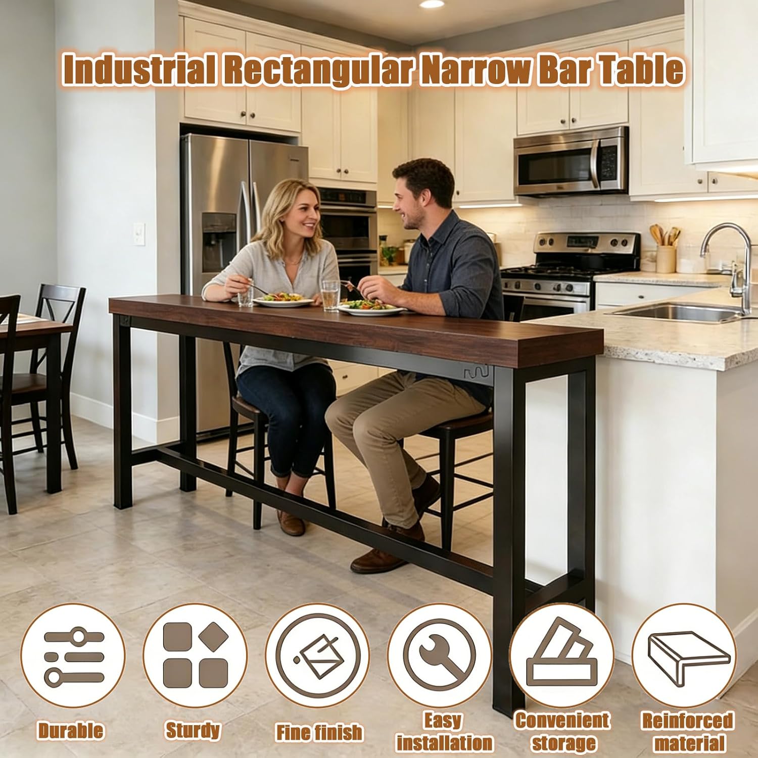 ZMHPLKH Narrow Bar Table for Small Spaces Industrial Rectangular Counter Height Table Retro Brown Wood Panel & Black Metal Frame Breakfast Bar Table for Apartments, Kitchen, Entryway