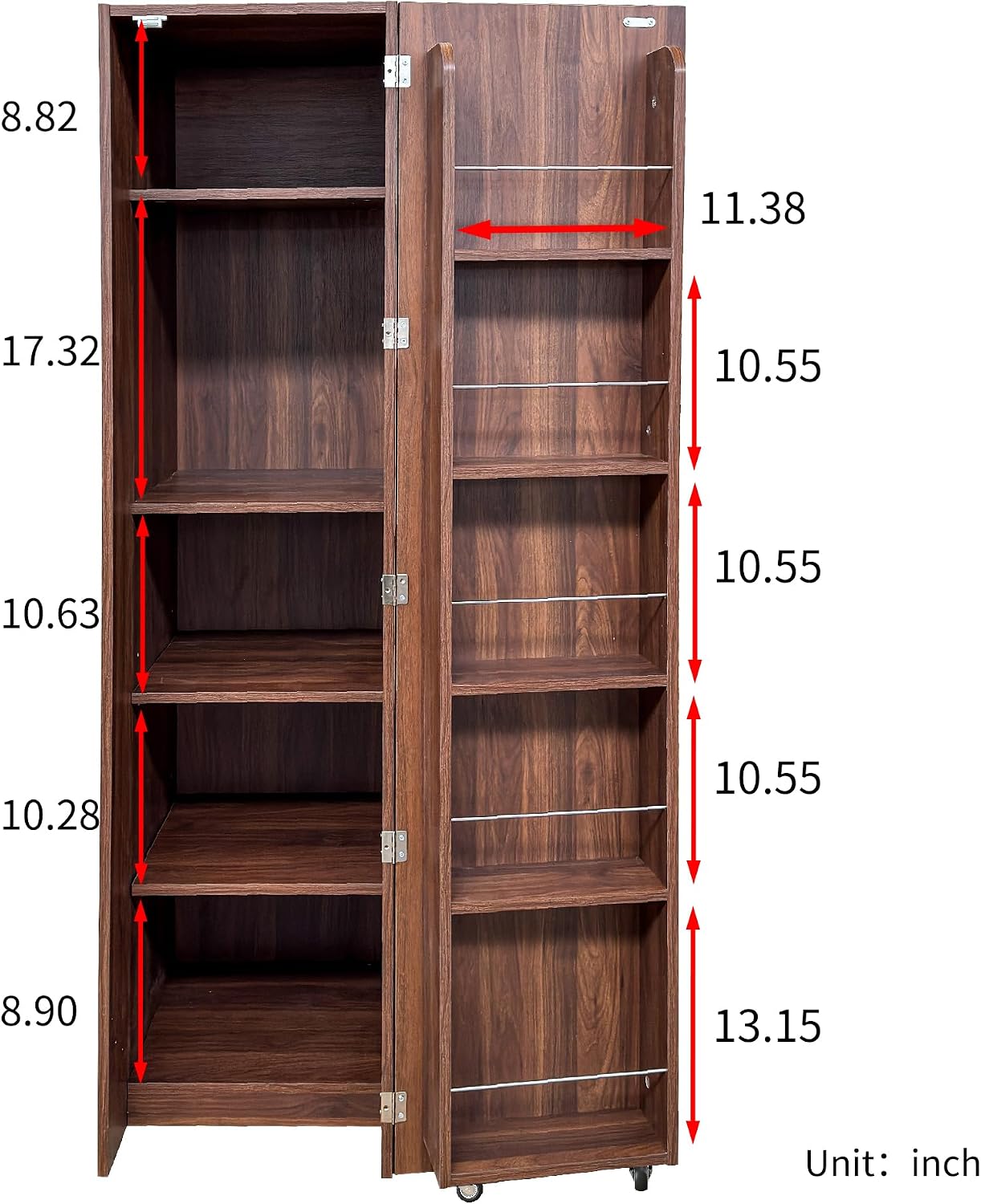 63 " Narrow Kitchen Pantry Storage Cabinet with Shelf & Side Racks (Walnut) | Slim Narrow Cabinet Single Door with Adjustable Shelves, Wheels & Side Racks, Easy Assembly for Kitchen Small Space
