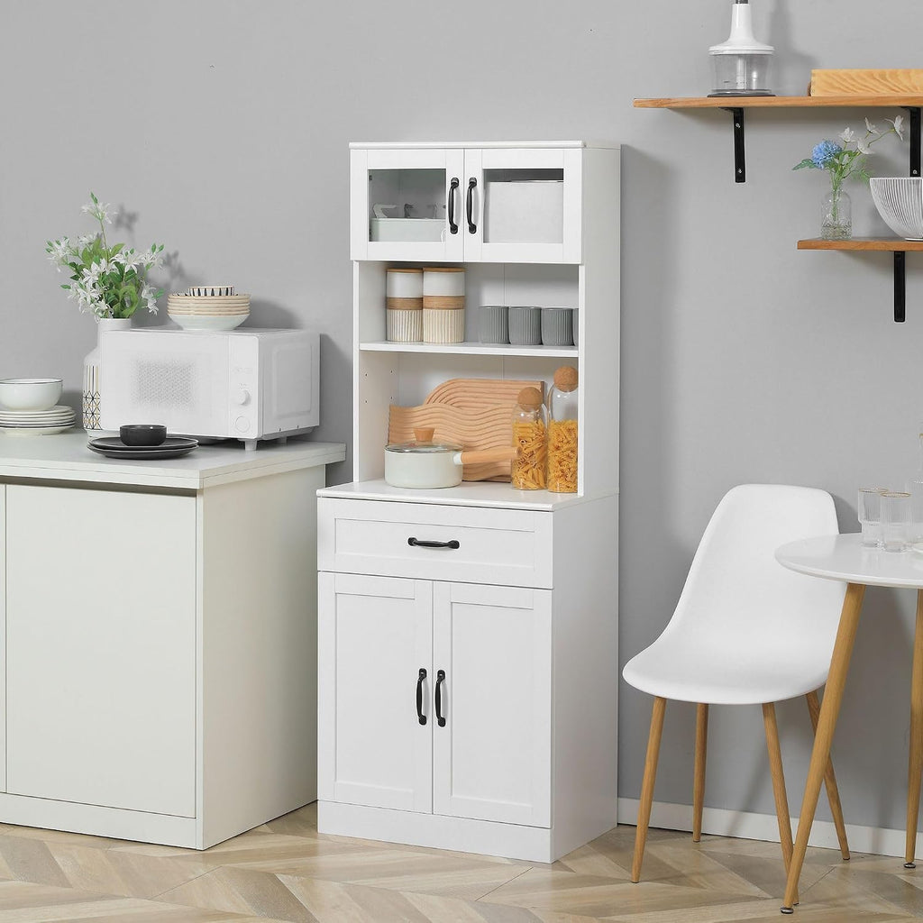 63.5in Timeless Classic 4-Door White Freestanding Buffet Cabinet with Hutch Adjustable Shelves & Coffee Bar Modern Design