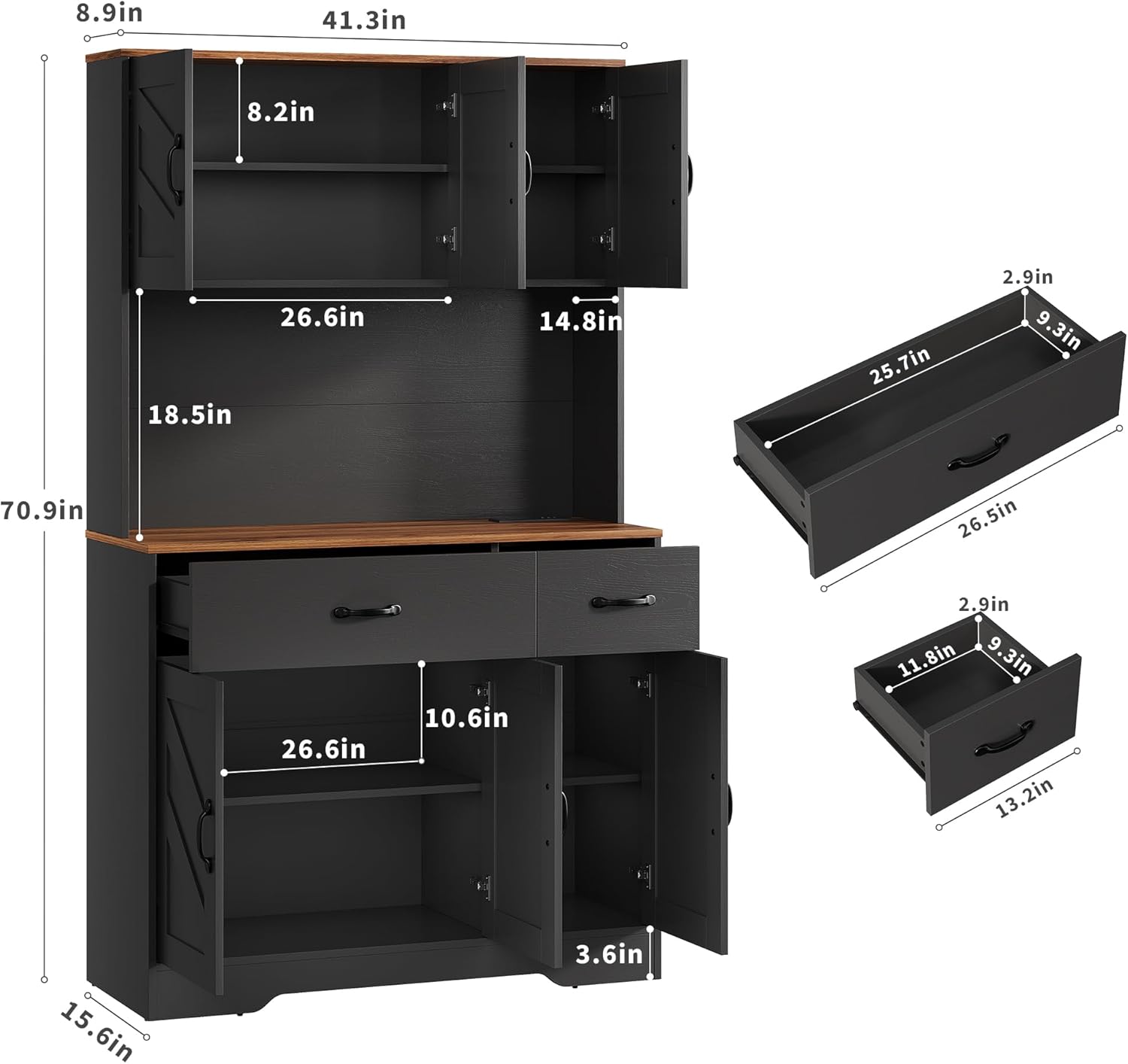 Farmhouse Kitchen Pantry Cabinet with Charging Station – 71" Tall Hutch, Adjustable Shelves, Drawers, Microwave Stand, Large Storage for Dining or Living Room – Color: Black