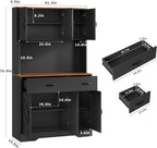 71" Pantry Cabinet with Charging Station, Kitchen Hutch Storage Cabinet with Countertop & Drawer, Farmhouse Food Pantry with Microwave Stand & Adjustable Shelves for Living Room, Dining Room, Black