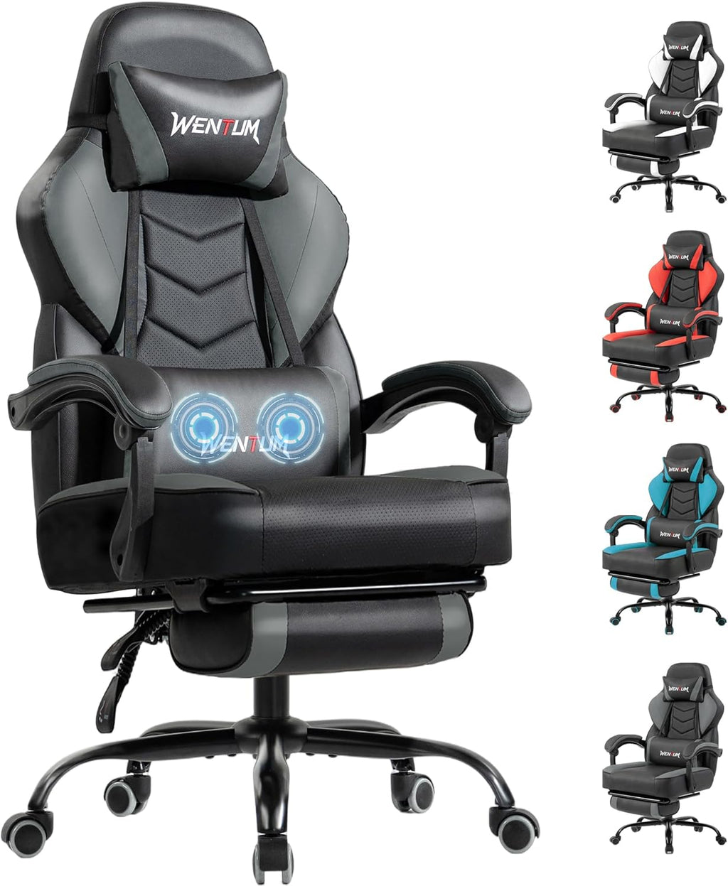 Big and Tall Gaming Chair 350lb, Ergonomic Computer Chair with 2-Point Lumbar Vibration Massage, Breathable PU Backrest, Footrest, Multiple Colors for Adults Kids Gaming Office（Grey）