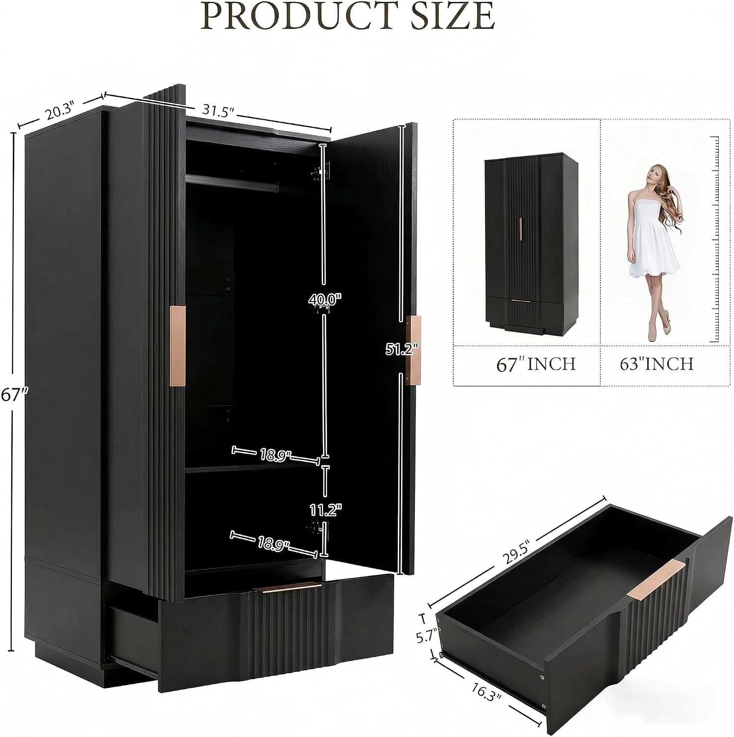 Brafab 67" Fluted Armoire Wardrobe Closet with Drawers, Black Cabinet | Removable Hanging Rods, Adjustable Shelves, Soft-Close Hinges, Large Capacity, Clothes Organizer for Bedroom, Cloak Room