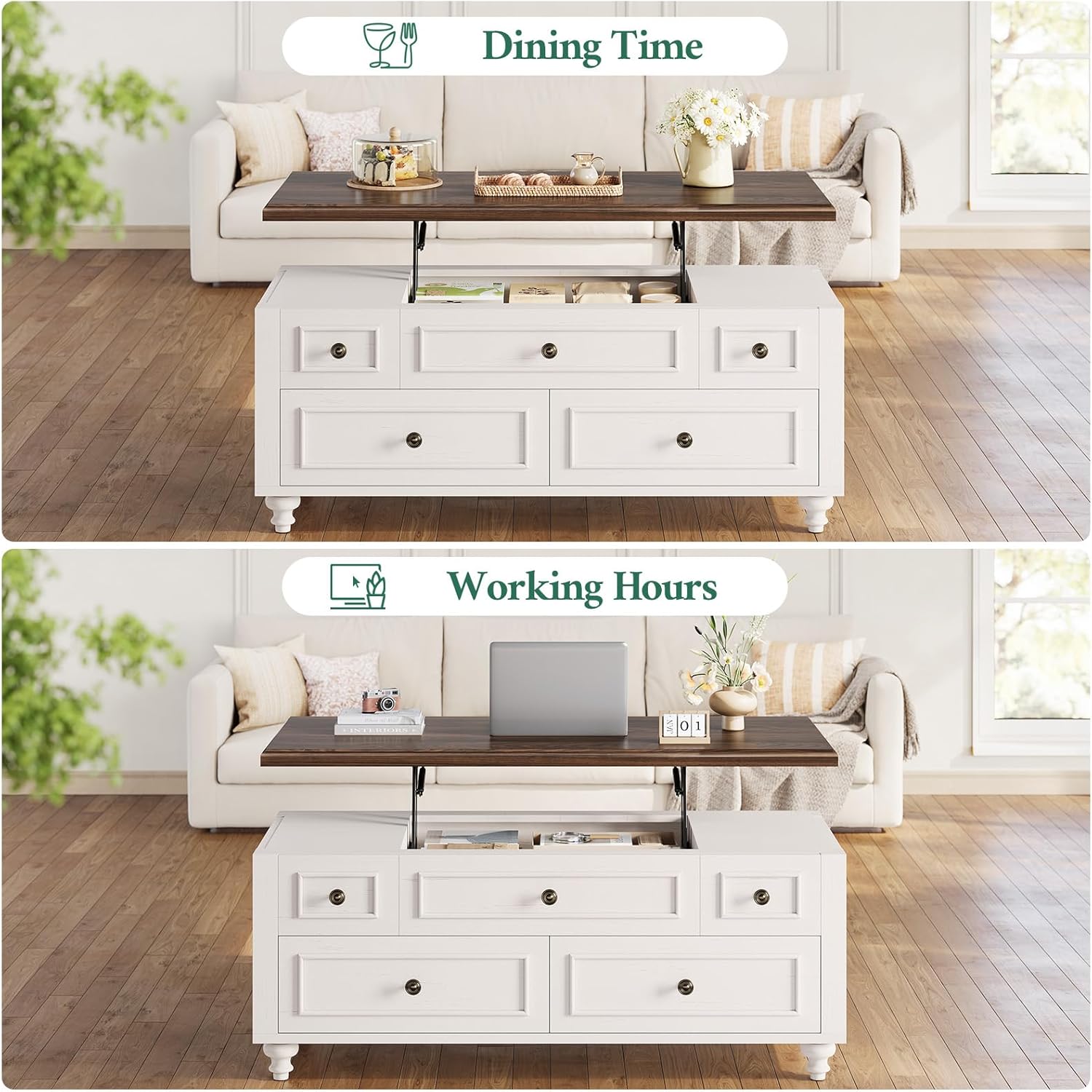 47.2" Lift Top Coffee Table with Storage, Farmhouse Coffee Table with Large Hidden Storage Compartment and 4 Drawers, Square Coffee Tables for Living Room, White