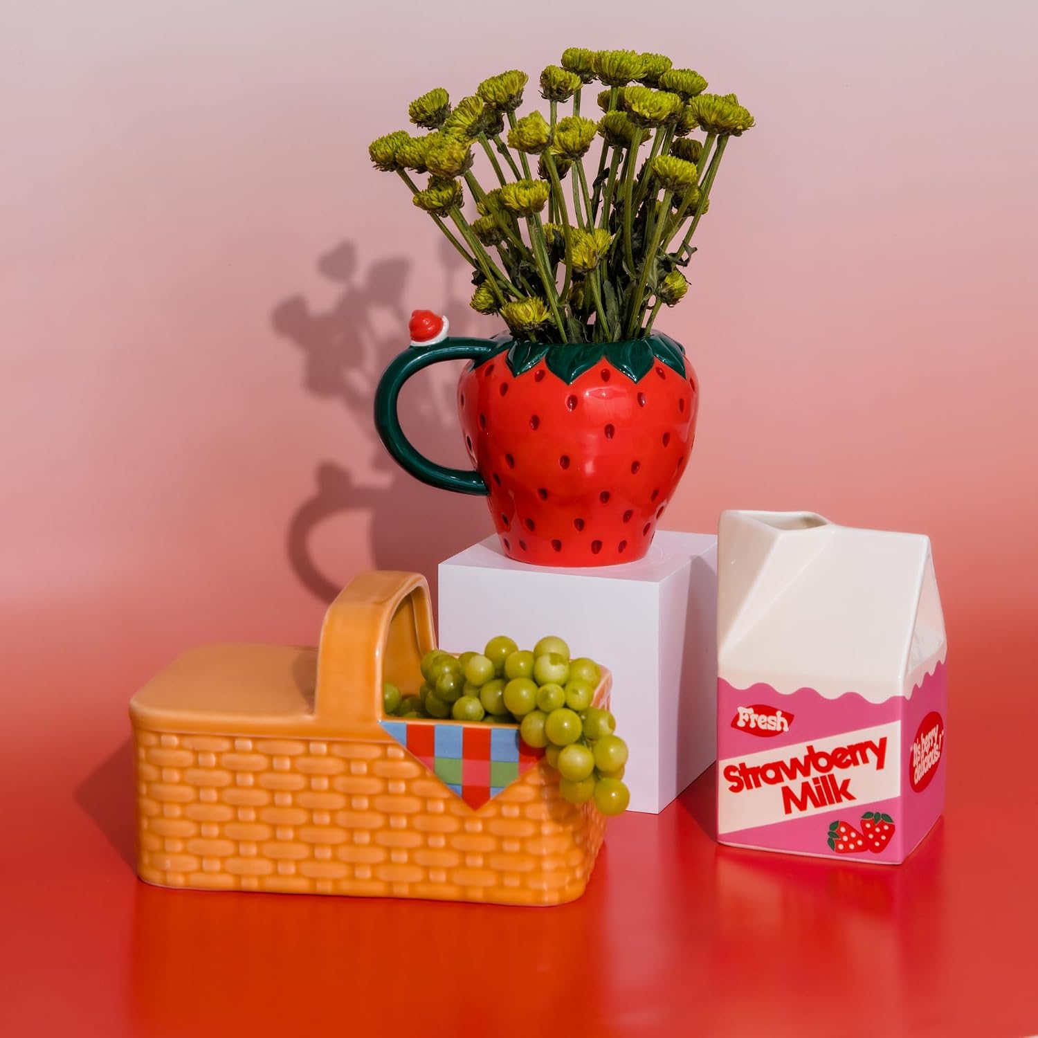 ban.do Ceramic Petite Carton Shape Vase, Strawberry Milk | Retro Inspired Decorative Mini Vase, Unique Food Theme Pink Home, Kitchen, and Bookshelf Decor