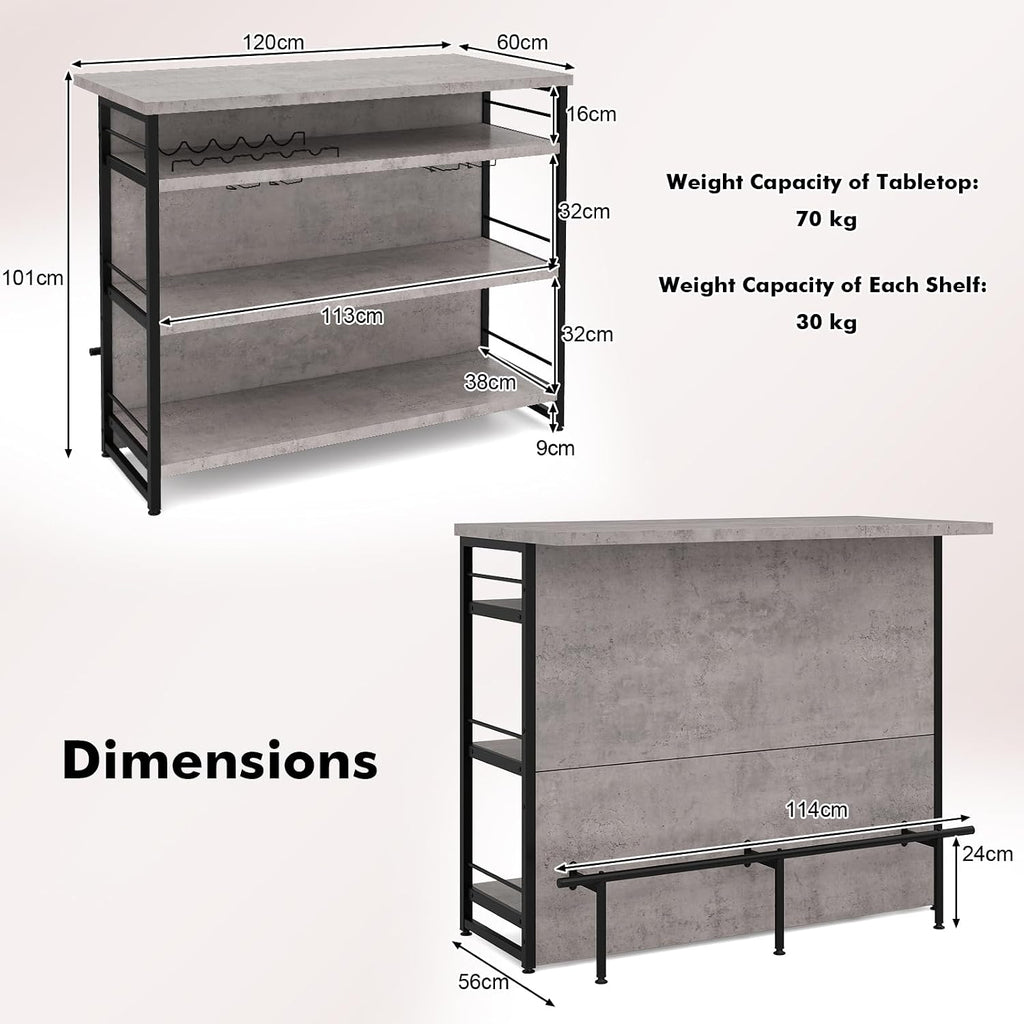 TANGZON 2 in 1 Kitchen Island, Industrial 4-Tier Bar Table with Storage Shelves, Wine Rack, Glass Holders & Footrests, Metal Frame Counter Home Bar Unit Wine Cabinet (Grey)