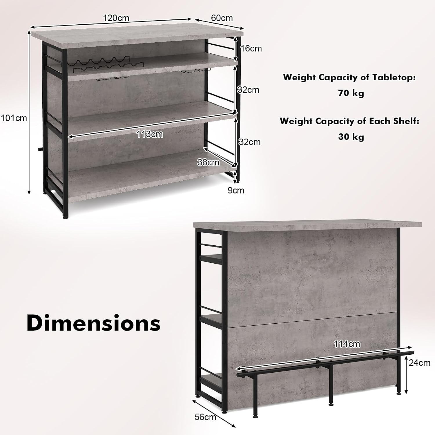 TANGZON 2 in 1 Kitchen Island, Industrial 4-Tier Bar Table with Storage Shelves, Wine Rack, Glass Holders & Footrests, Metal Frame Counter Home Bar Unit Wine Cabinet (Grey)