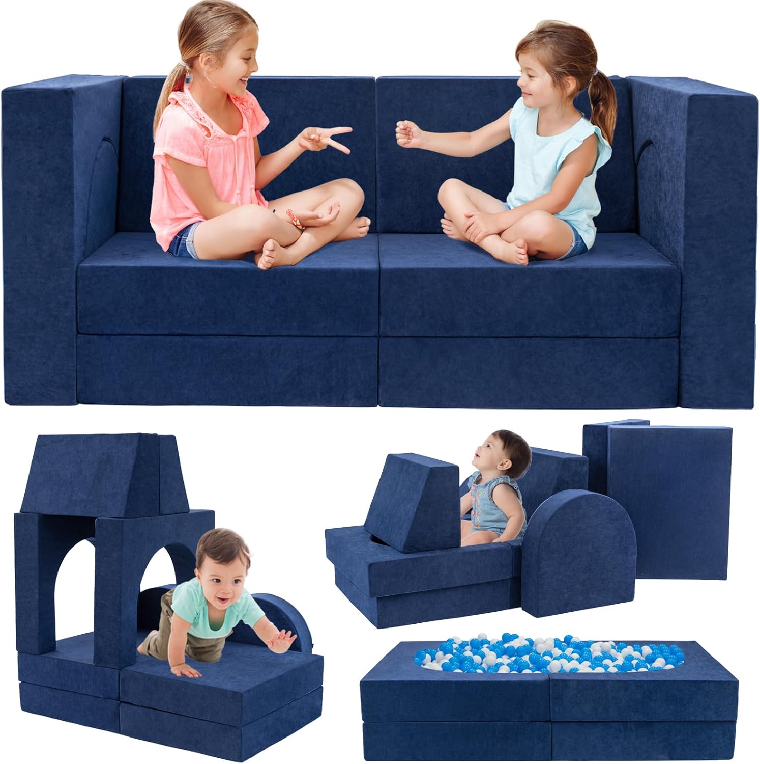 Fvkind 10 Pcs Modular Kids Play Couch, Foam Kids Play Couch for Playroom & Bedroom, Multifunctional Children Sofa Building Fort for Boys and Girls with Soft Foam and Removable Cover, Blue
